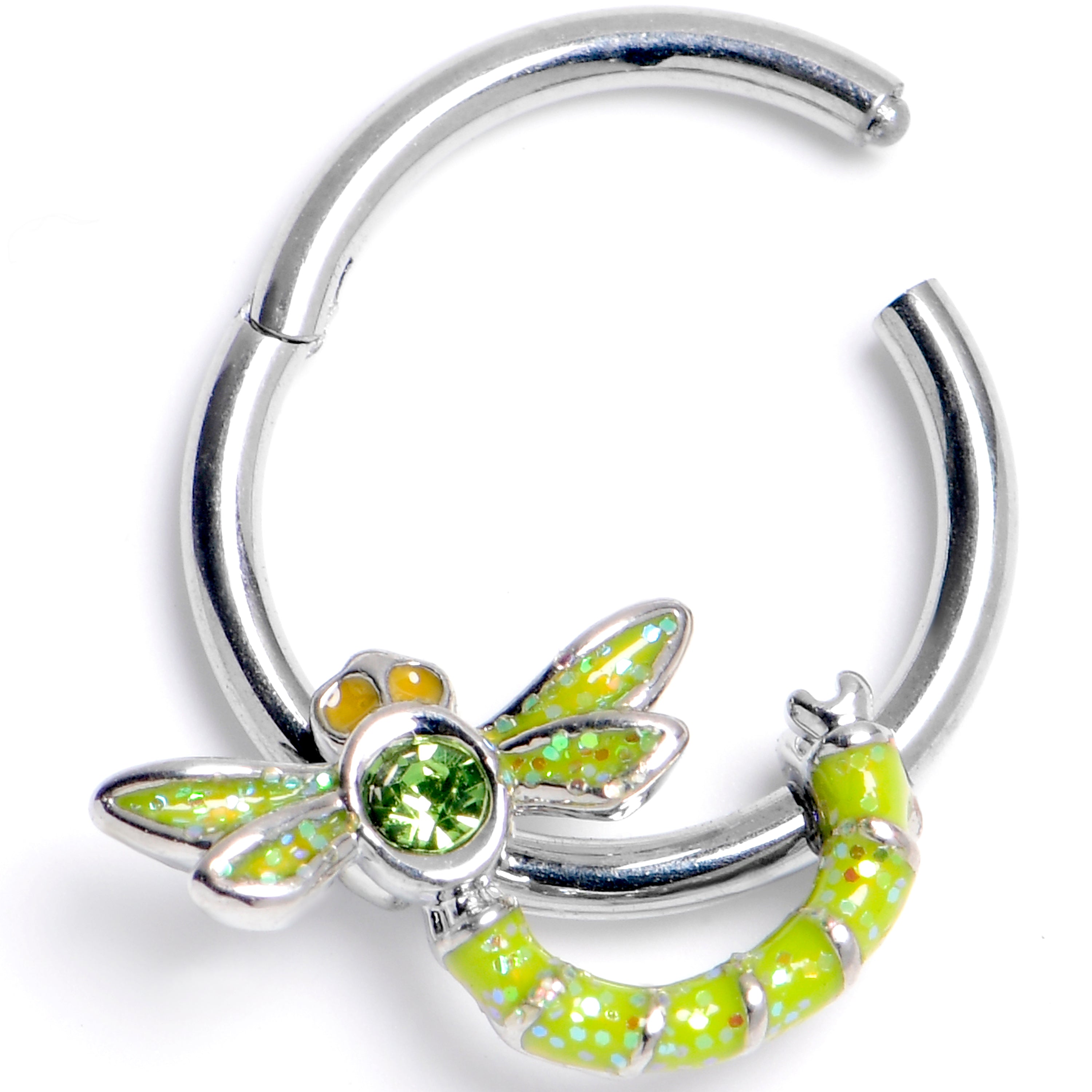 BodyCandy 16G 3/8 Green Gem Dragonfly Green Hinged Segment Ring — main product shot