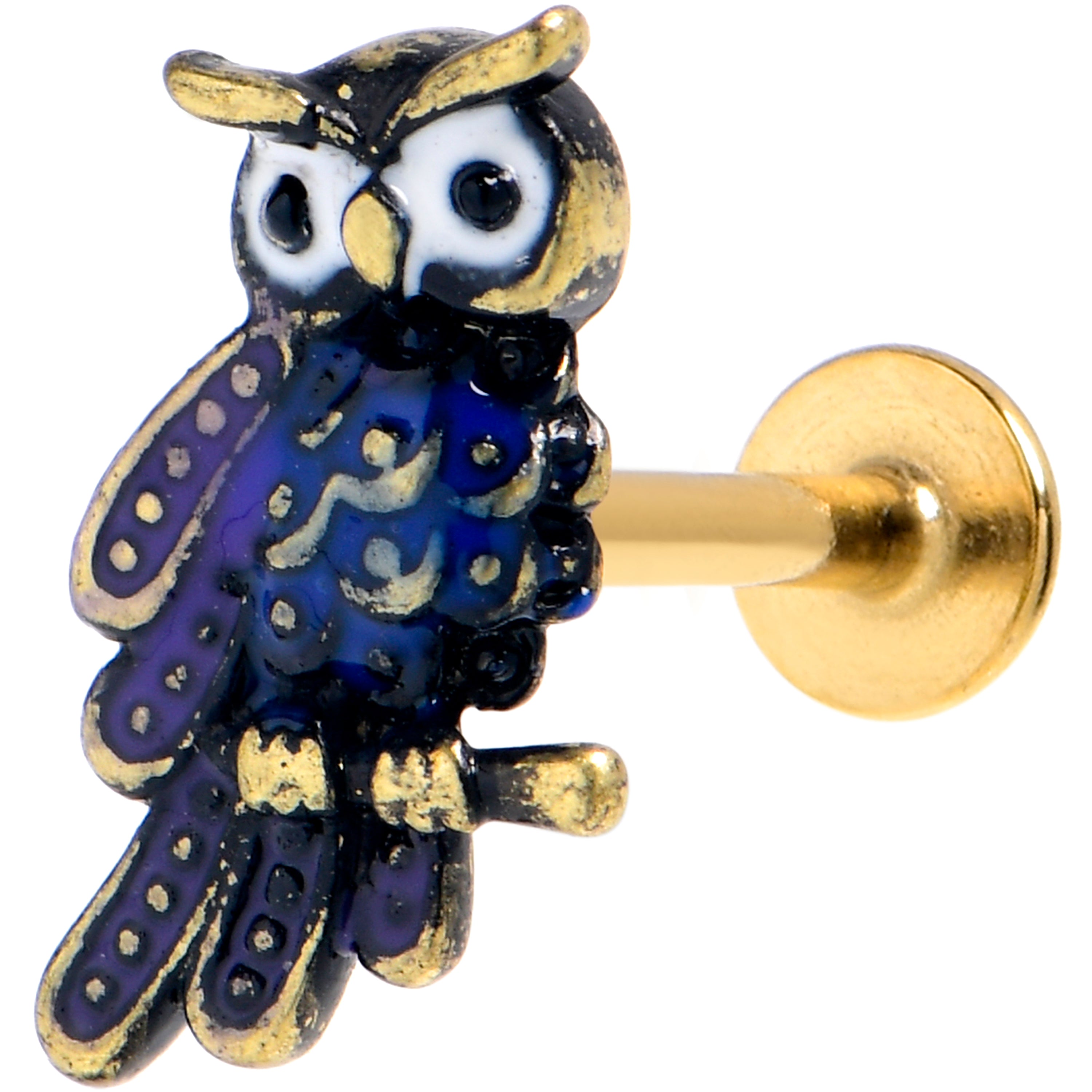 BodyCandy 16G 5/16 Gold Tone Regal Owl Blue Labret Monroe Tragus — main product shot