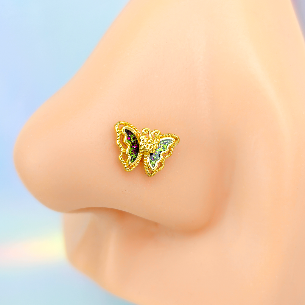 BodyCandy 20G 7mm Vitrail Gem Classic Butterfly Golden L Shape Nose Ring — detail close-up