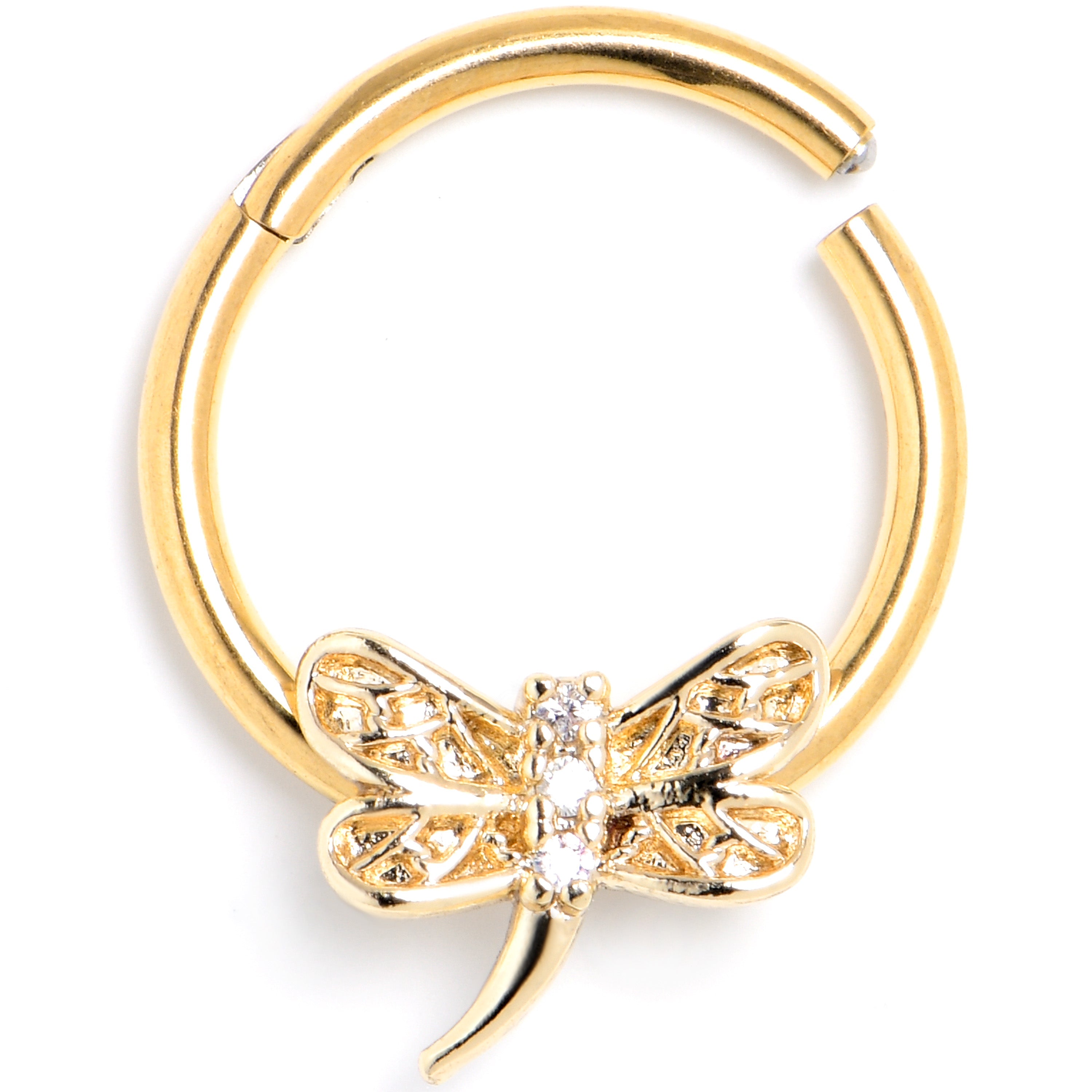 BodyCandy 16G 3/8 Clear Gem Gold Tone Dragonfly Deluxe Hinged Segment Ring — main product shot