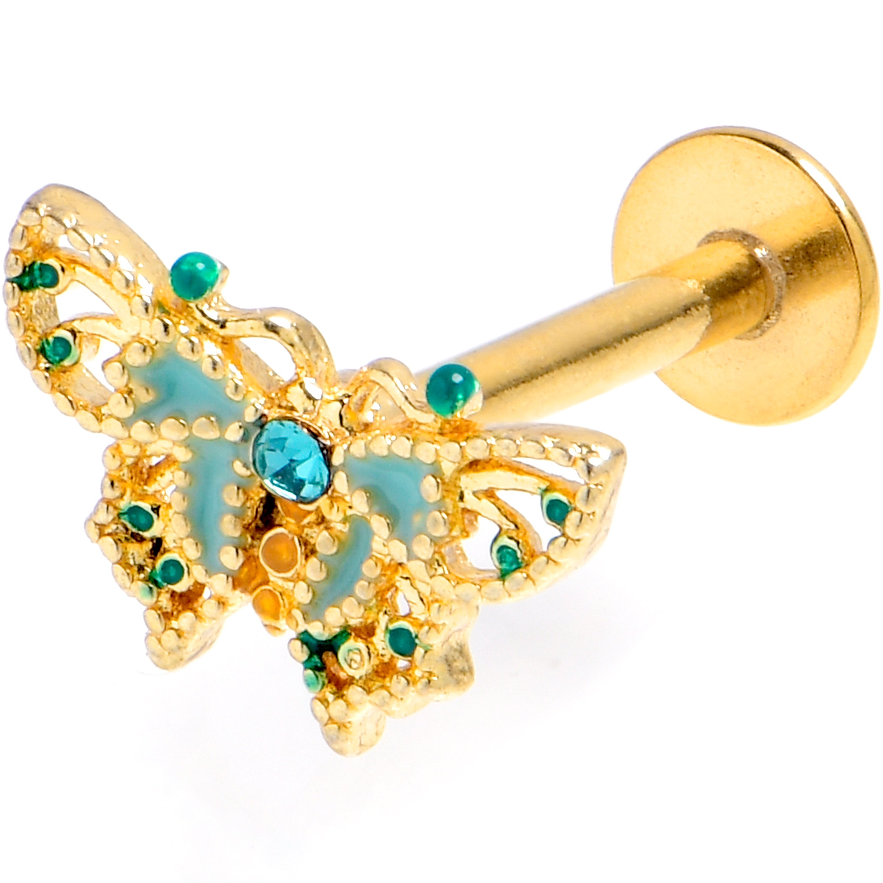BodyCandy 16G 5/16 Blue Gem Gold Tone Ribbon Butterfly Labret Monroe Tragus — main product shot