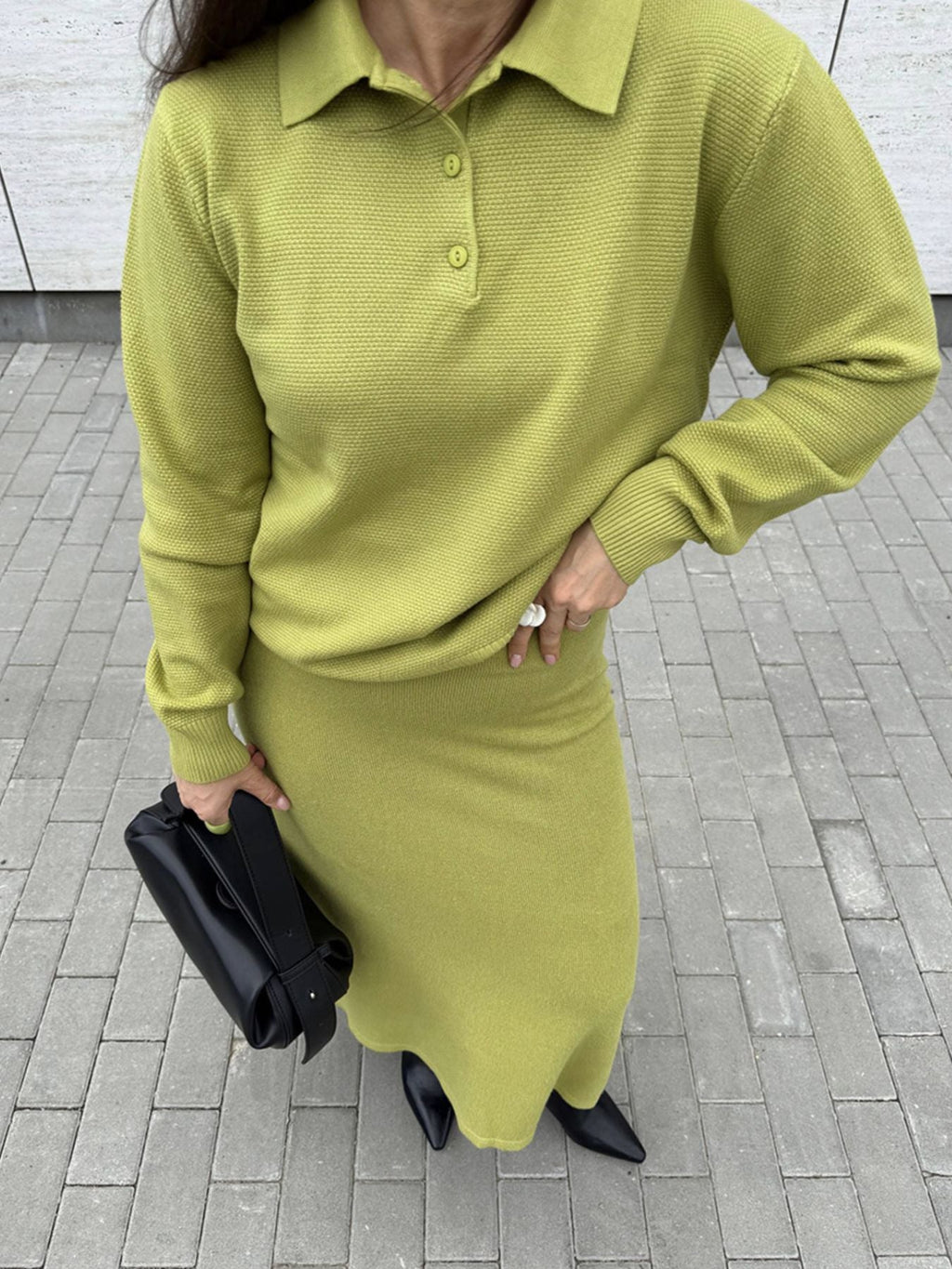 Polo Collar Top and Pants or Skirt Knit Set