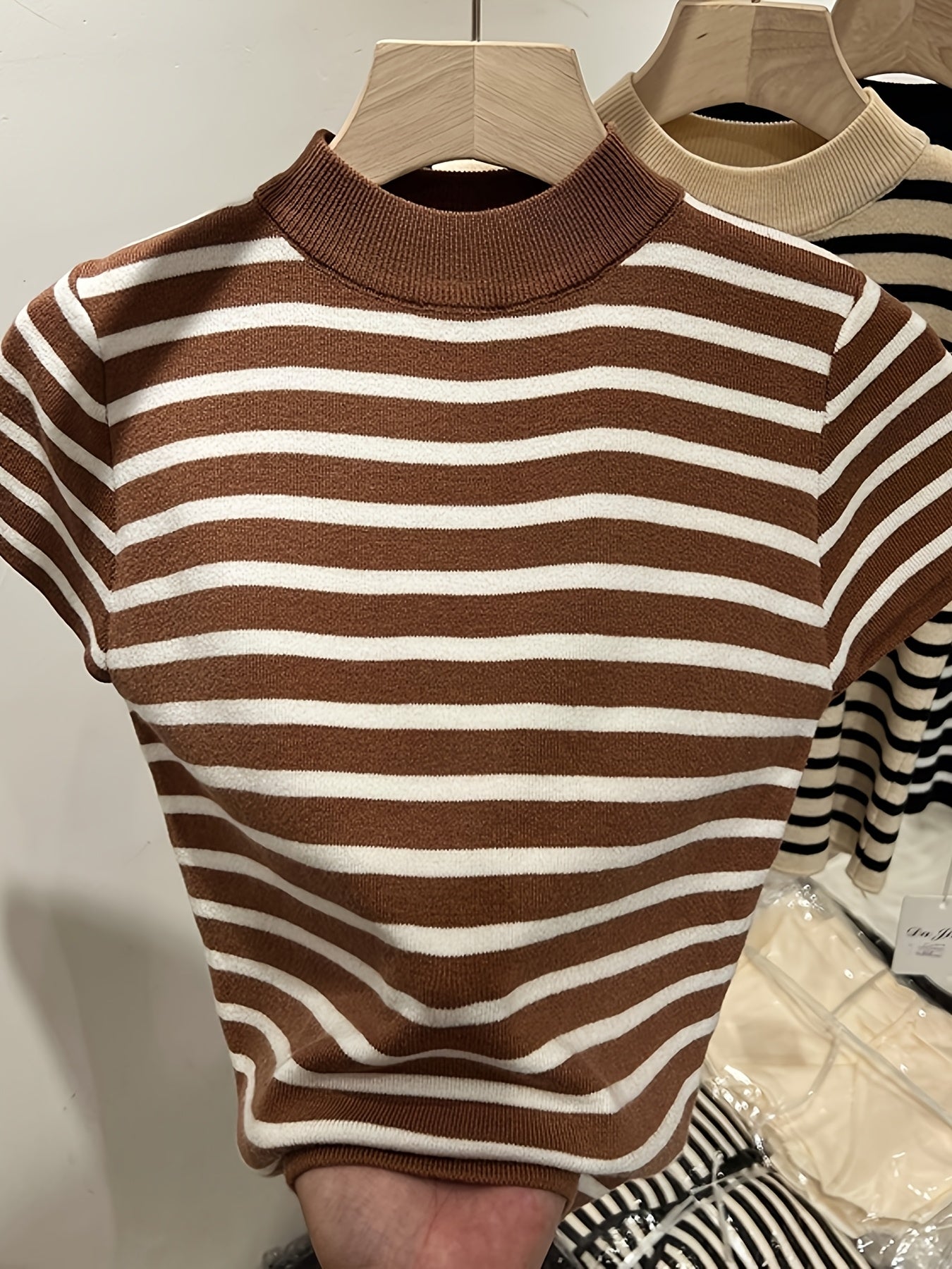 MyClosetAid Semi-High Neck Striped Short-Sleeved T-Shirt — main product shot