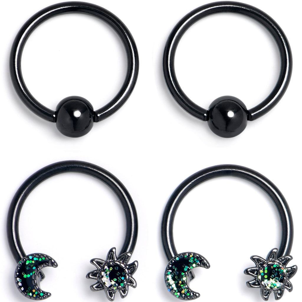 BodyCandy 16G 3/8 Green Faux Opal Black Moon Sun BCR Horseshoe Set of 4 — main product shot