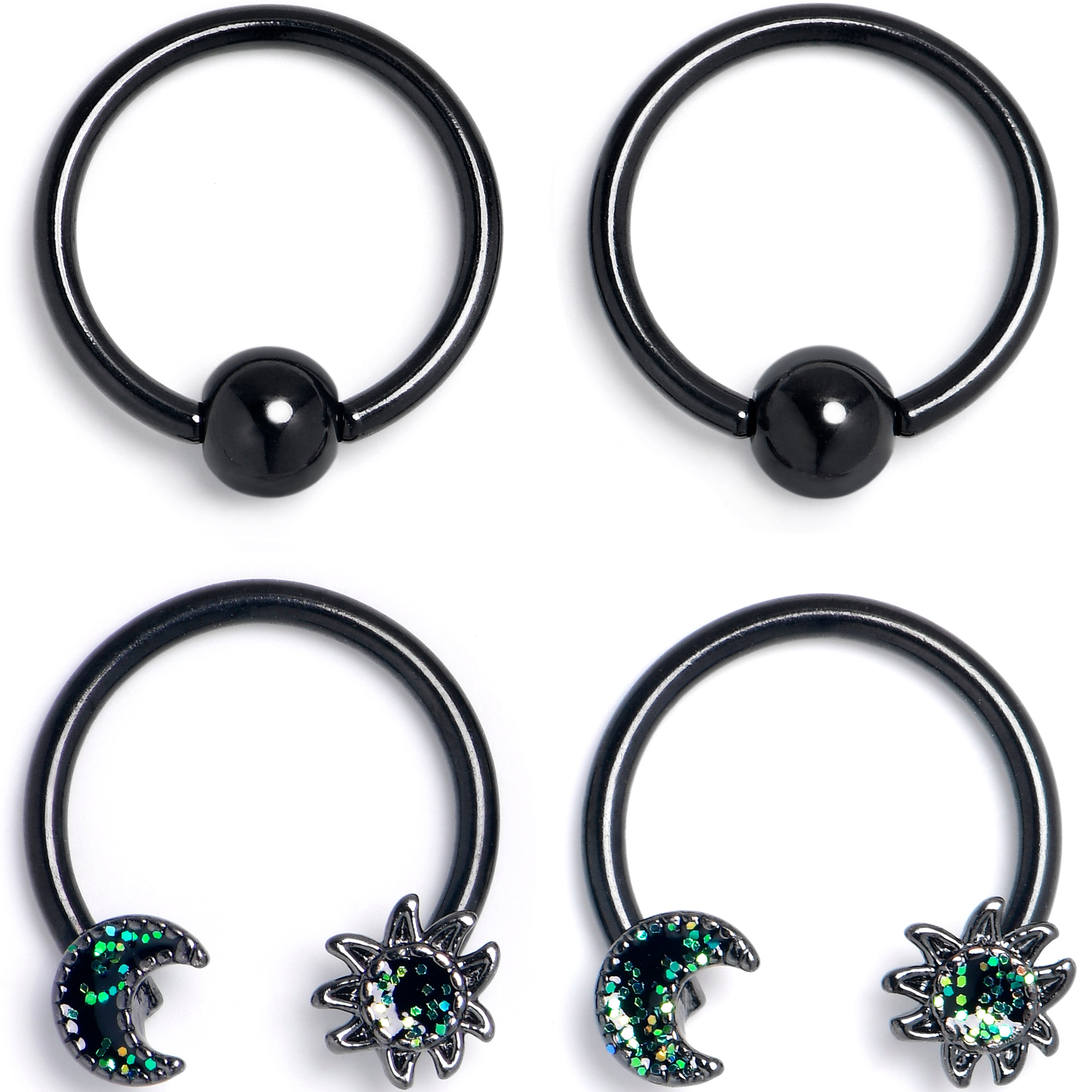 BodyCandy 16G 3/8 Green Faux Opal Black Moon Sun BCR Horseshoe Set of 4 — main product shot