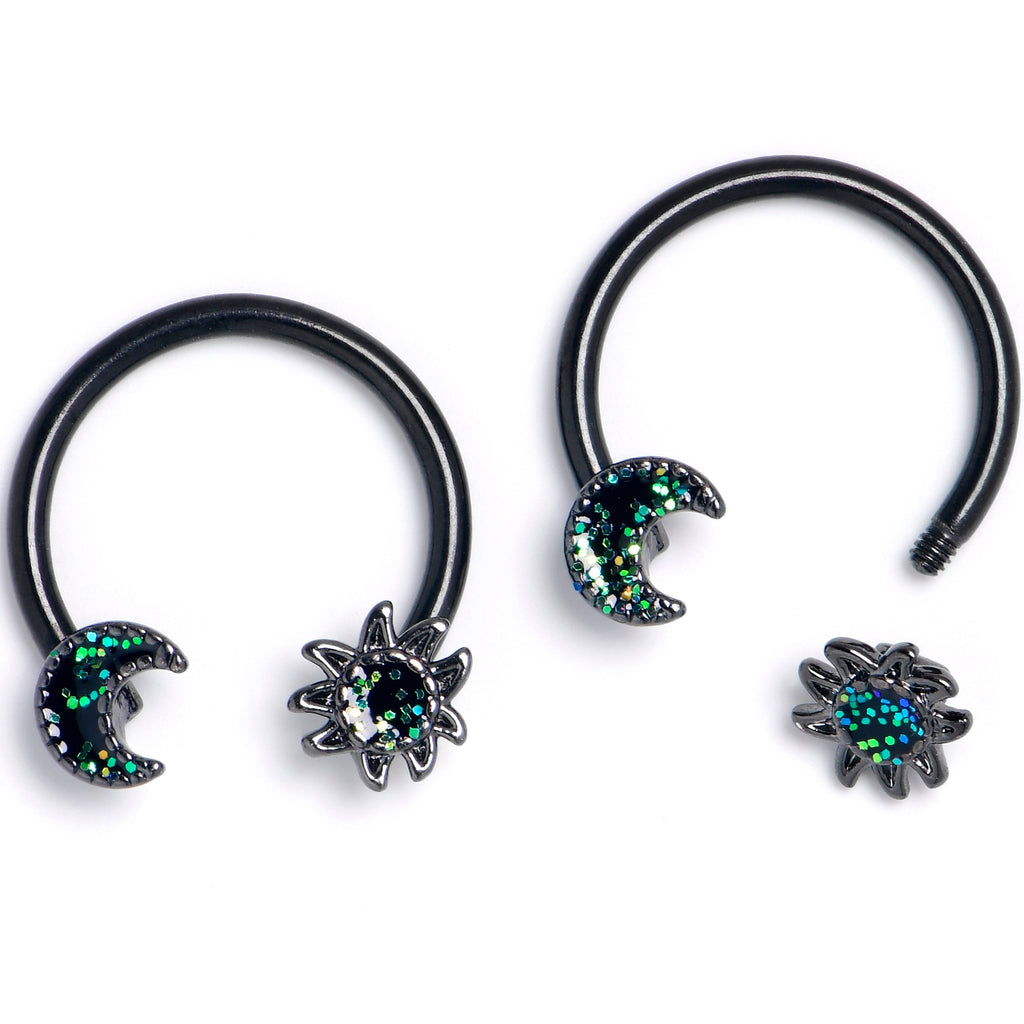BodyCandy 16G 3/8 Green Faux Opal Black Moon Sun BCR Horseshoe Set of 4 — detail close-up