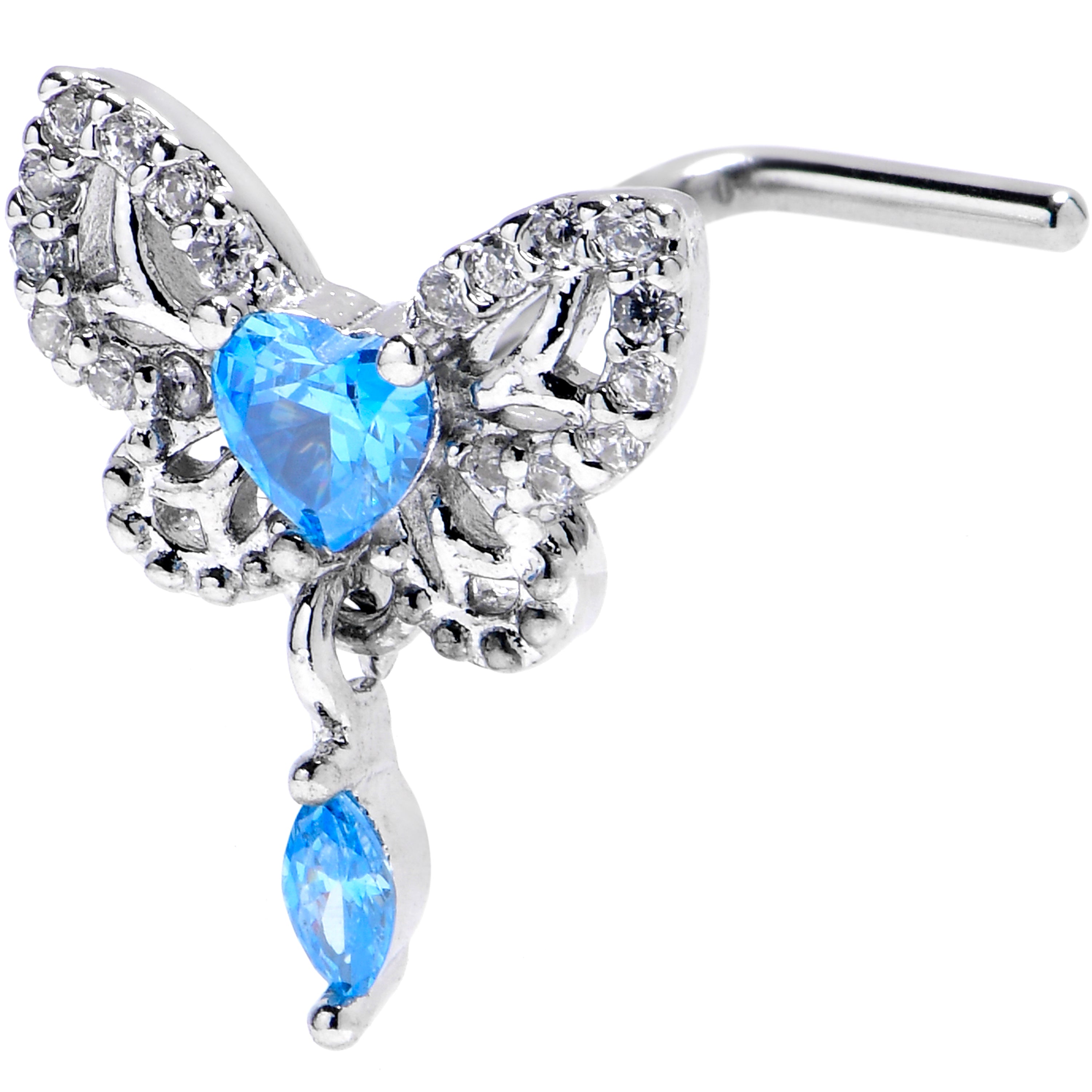 BodyCandy 20G 1/4 Blue CZ Gem Butterfly Delight Dangle L Shape Nose Ring — main product shot