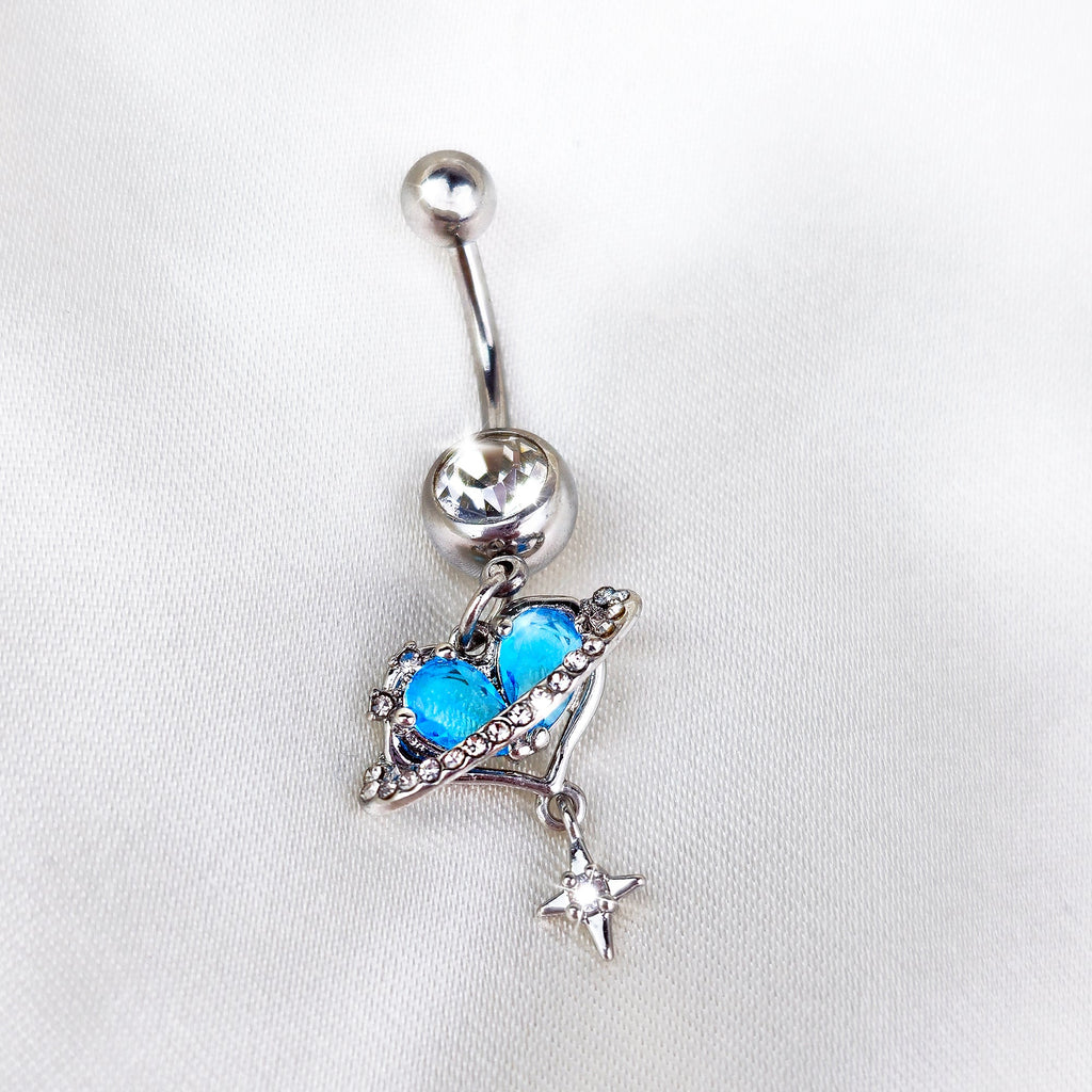 BodyCandy Blue Clear CZ Gem Starry Heart Saturn Dangle Belly Ring — detail close-up