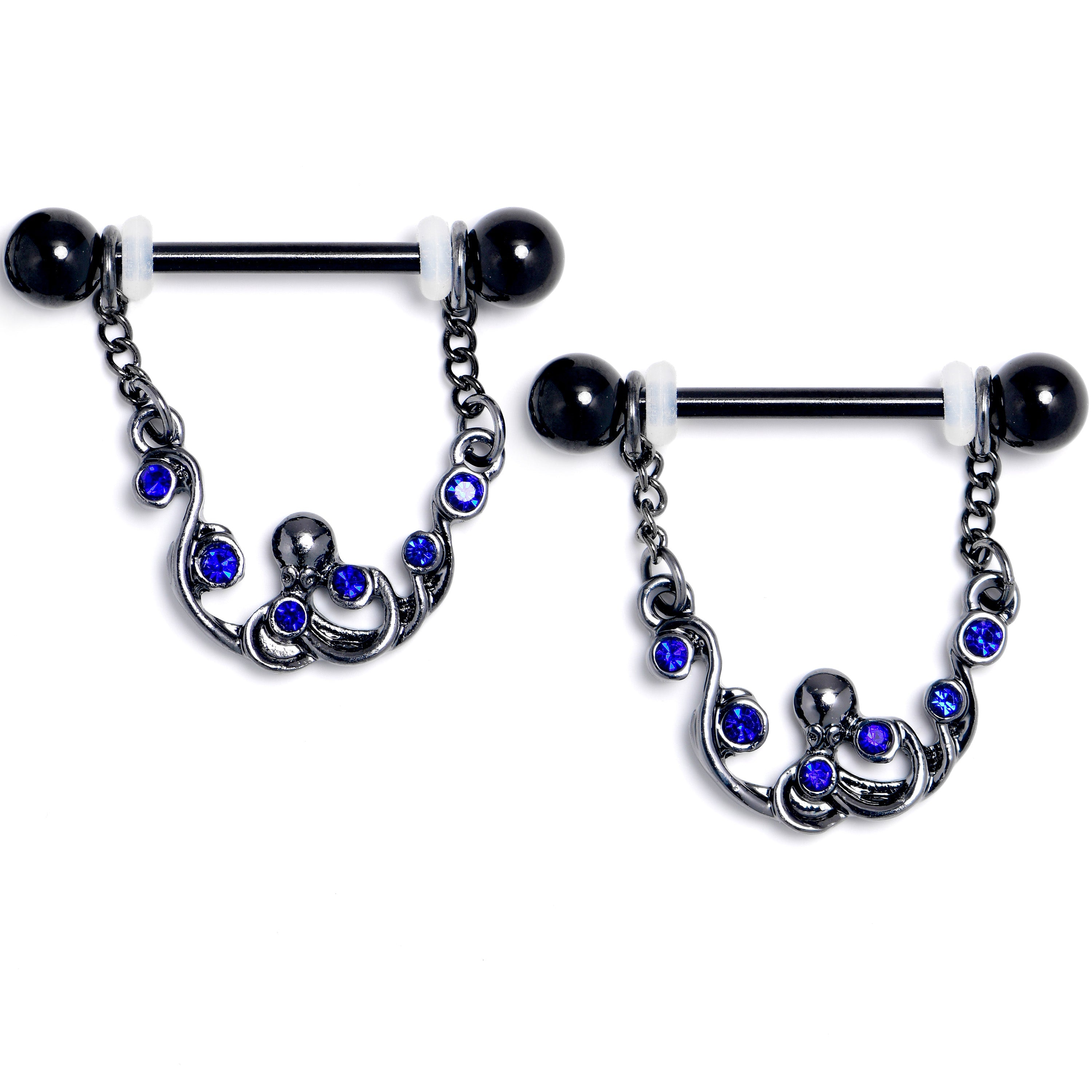 BodyCandy 14G 9/16 Blue Gem Black Scrolling Elegance Dangle Nipple Ring Set — main product shot