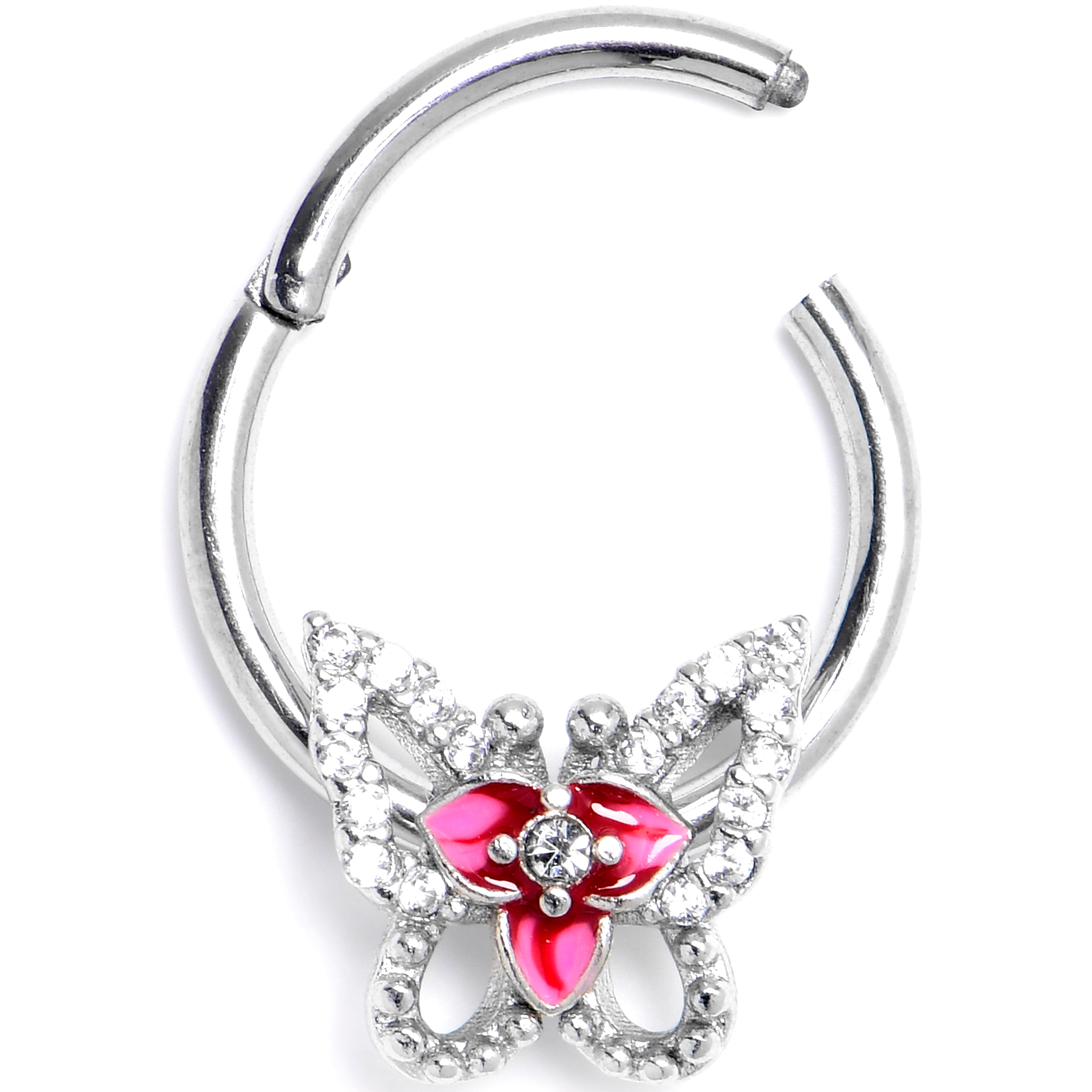 BodyCandy 16G 3/8 Clear Gem Fabulous Butterfly Pink Hinged Segment Ring — main product shot