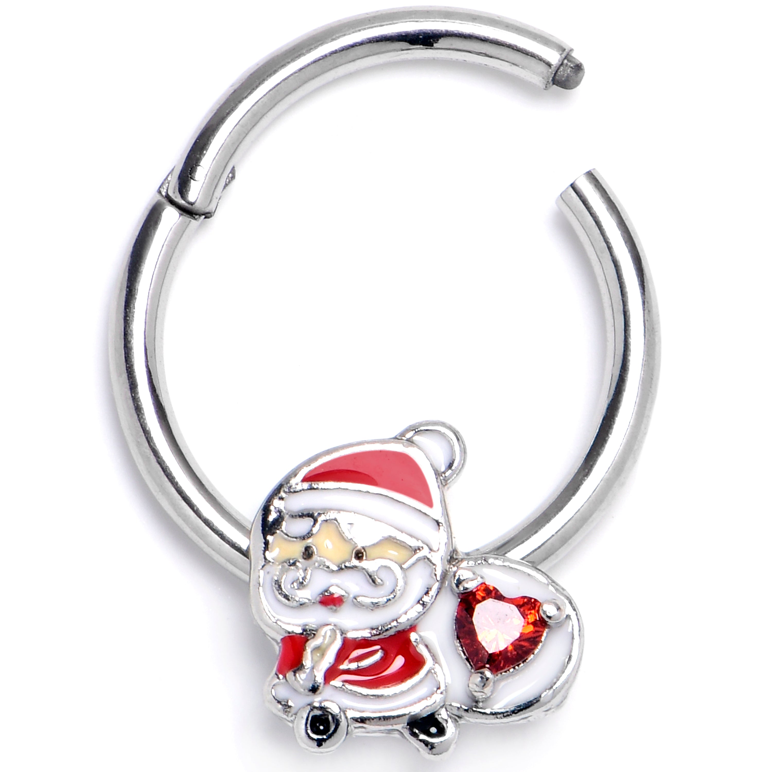 BodyCandy 16G 3/8 Red Gem Santa Bag Heart Hinged Segment Ring — main product shot