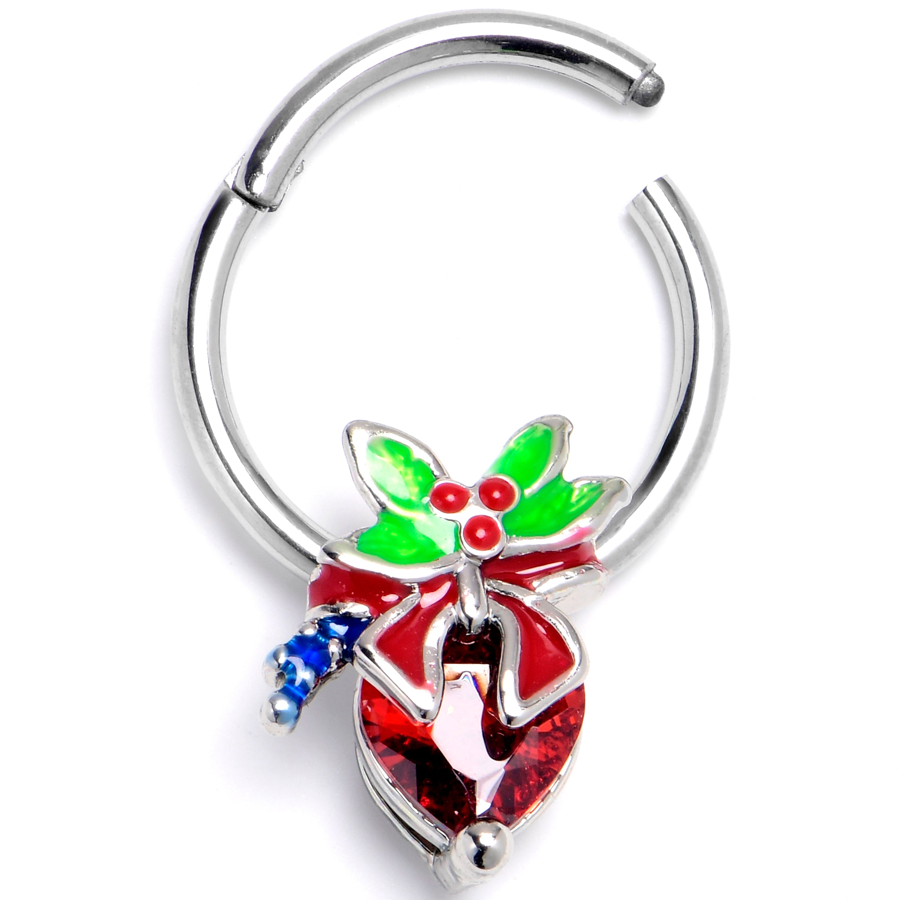 BodyCandy 16G 3/8 Red Gem Festive Holiday Ornament Hinged Segment Ring — main product shot