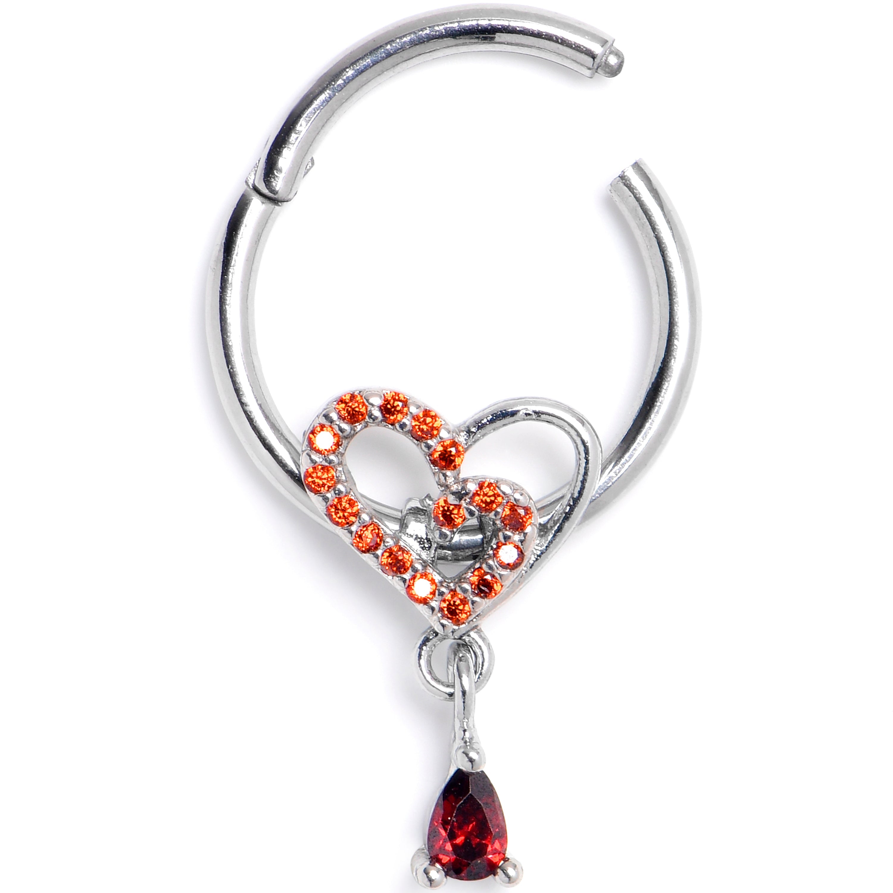 BodyCandy 16G 3/8 Red CZ Gem Asymmetrical Heart Dangle Hinged Segment Ring — main product shot