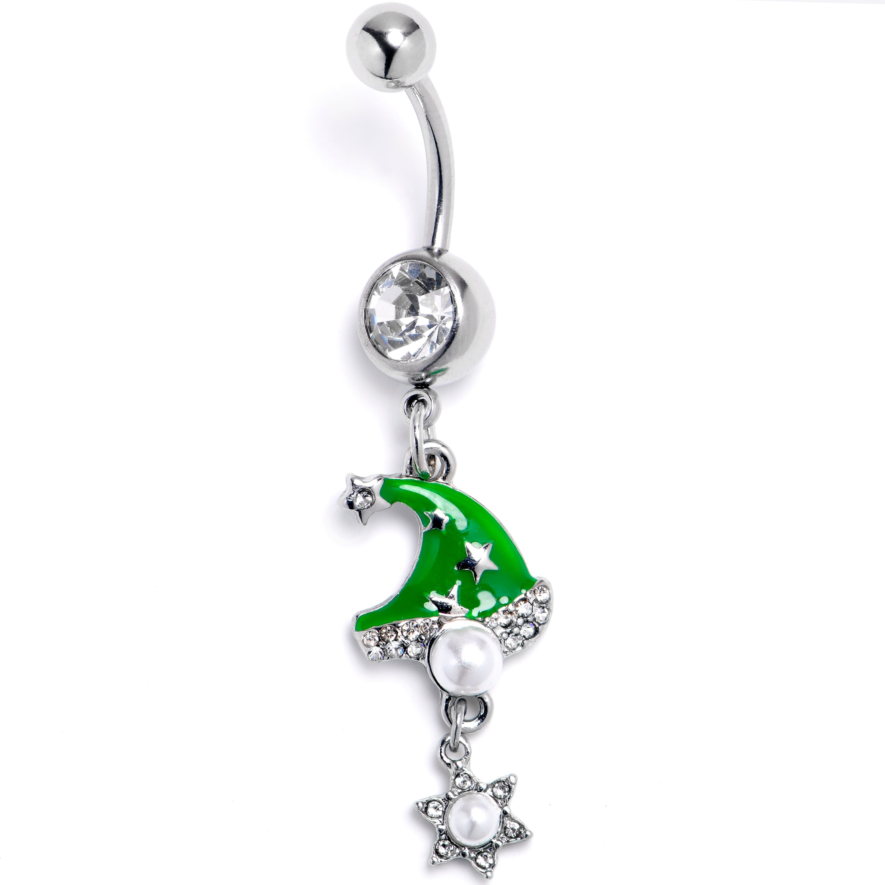 BodyCandy Clear Gem Santa Hat Stars Green Dangle Belly Ring — main product shot