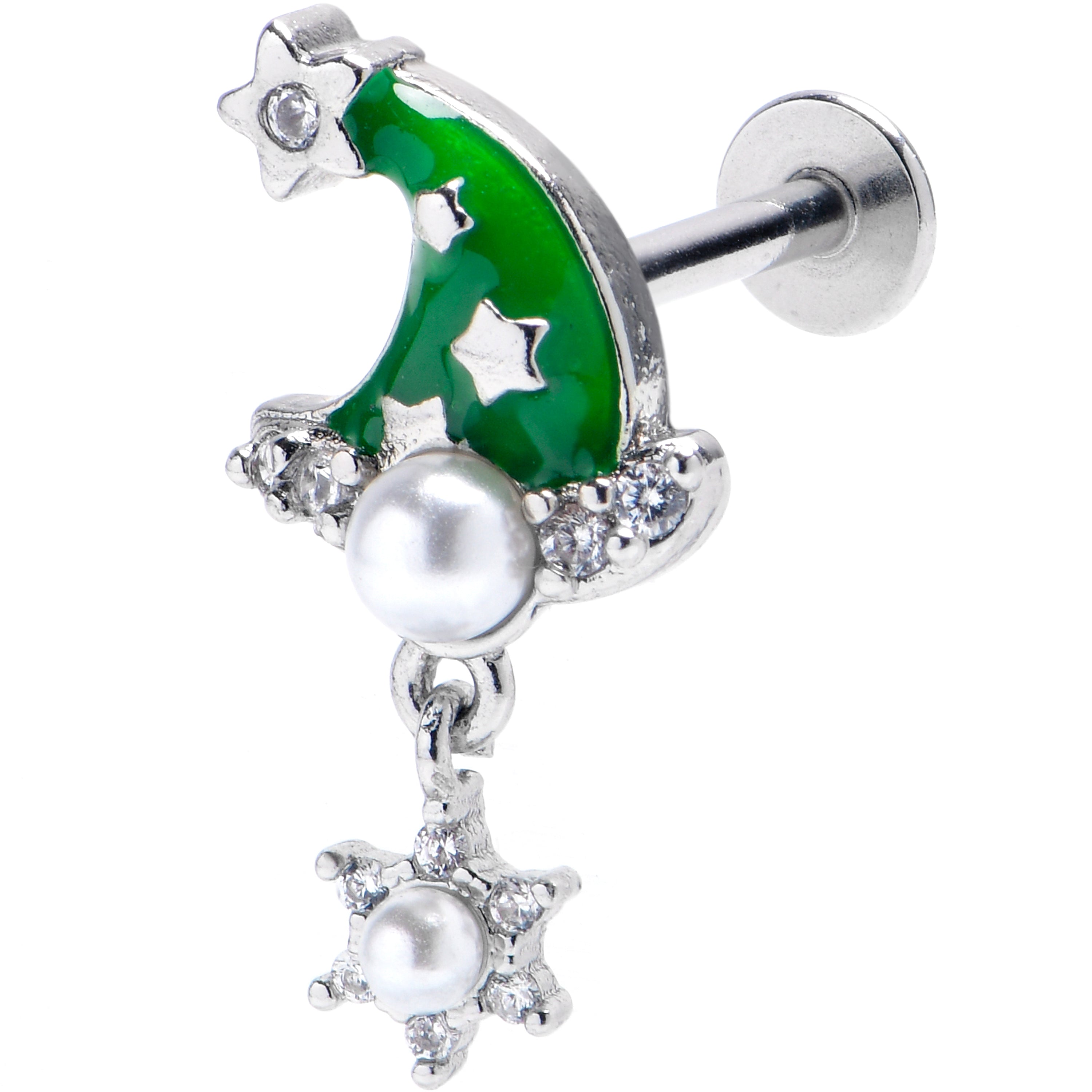 BodyCandy 16G 5/16 Clear Gem Santa Hat Stars Green Dangle Labret Monroe Tragus — main product shot