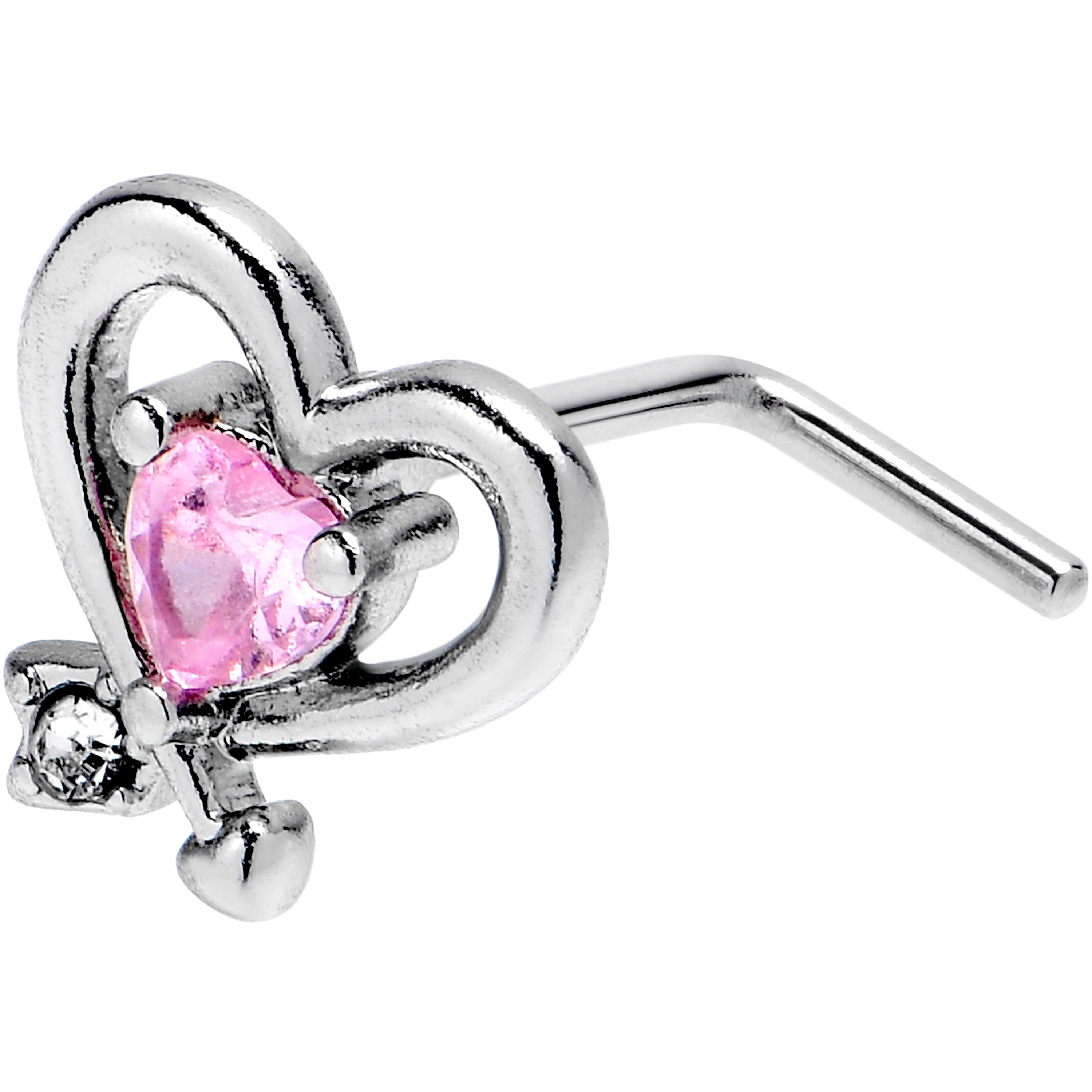 BodyCandy 20G 7mm Pink CZ Gem Wrapped In Heart L Shape Nose Ring — main product shot