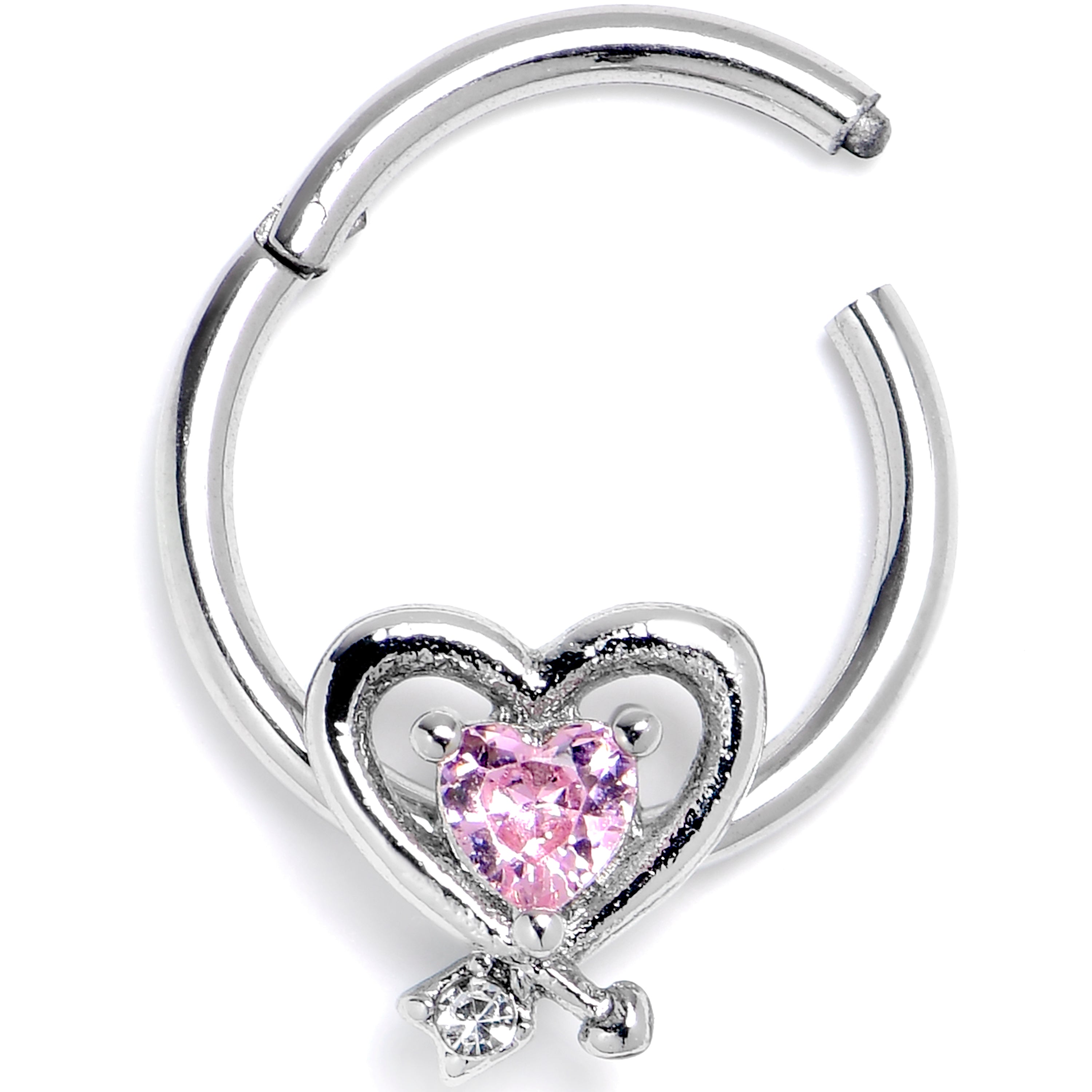 BodyCandy 16G 3/8 Pink CZ Gem Wrapped In Heart Hinged Segment Ring — main product shot