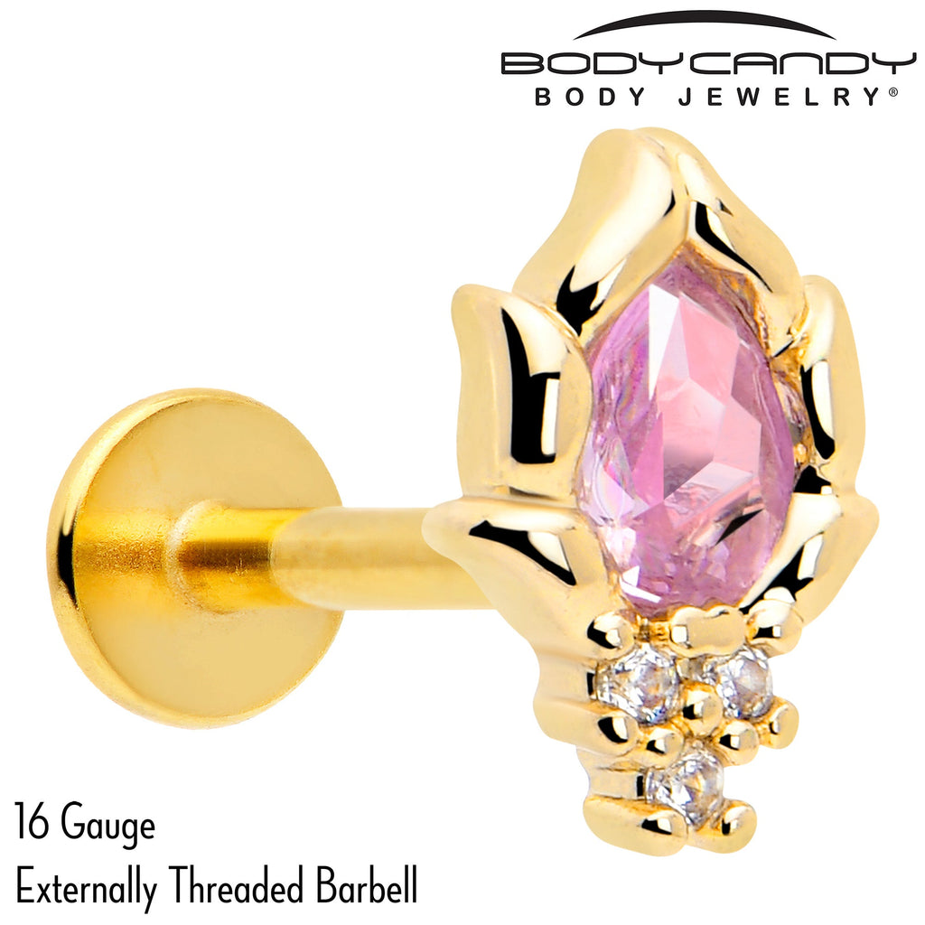 BodyCandy 16G 5/16 Pink CZ Gem Gold Tone Style Fire Labret Monroe Tragus — detail close-up