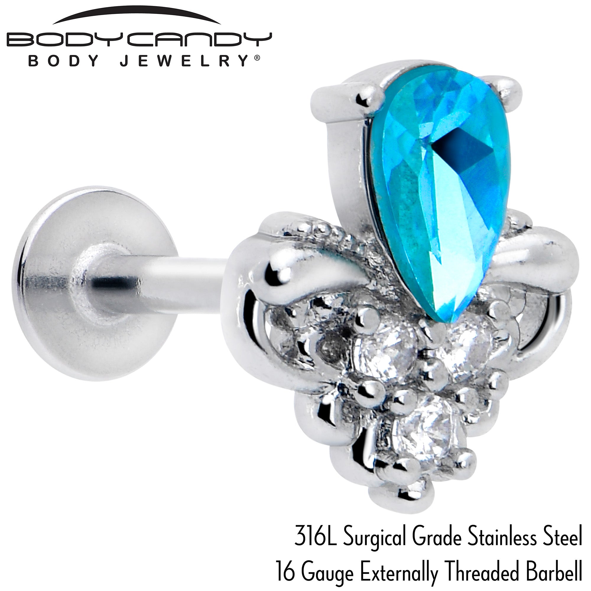 BodyCandy 16G 5/16 Blue Gem Style Simplicity Labret Monroe Tragus — detail close-up