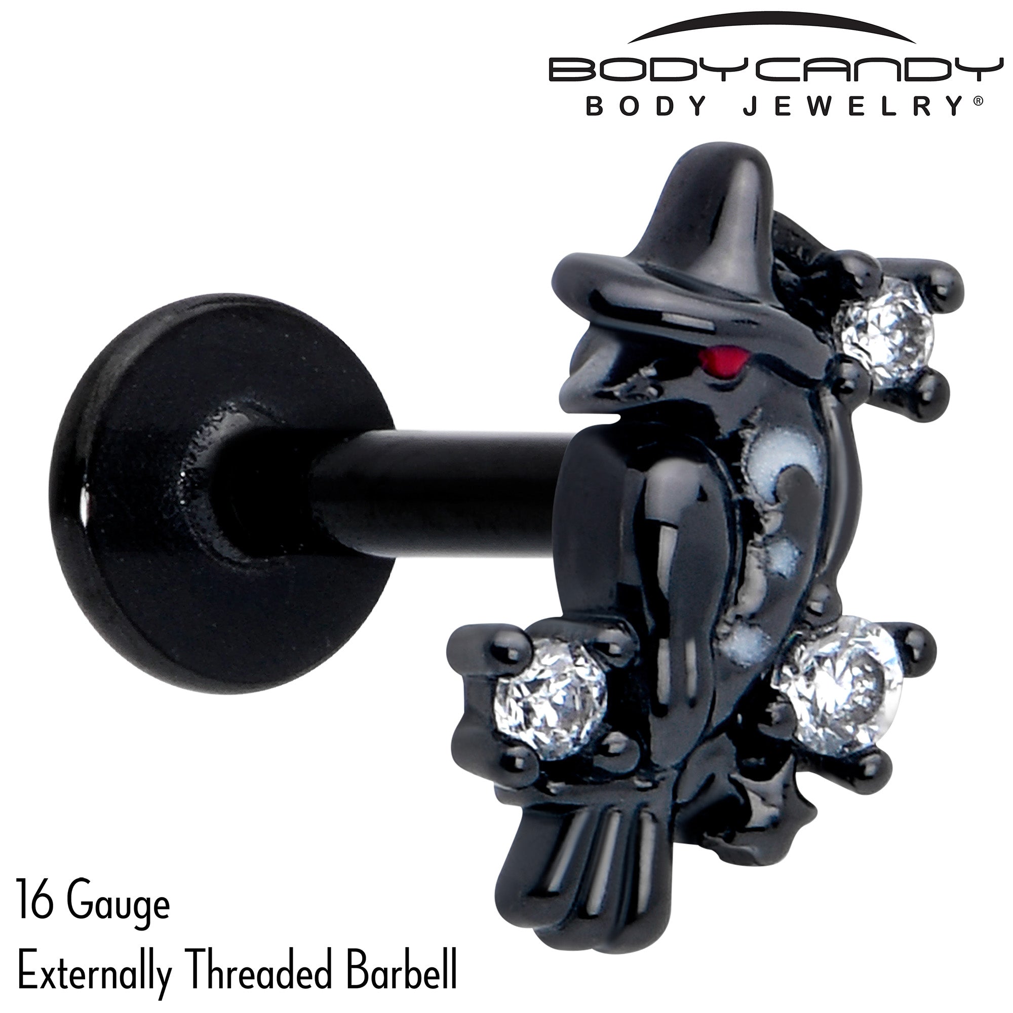 BodyCandy 16G 5/16 Clear CZ Gem Black Raven Witch Labret Monroe Tragus — detail close-up