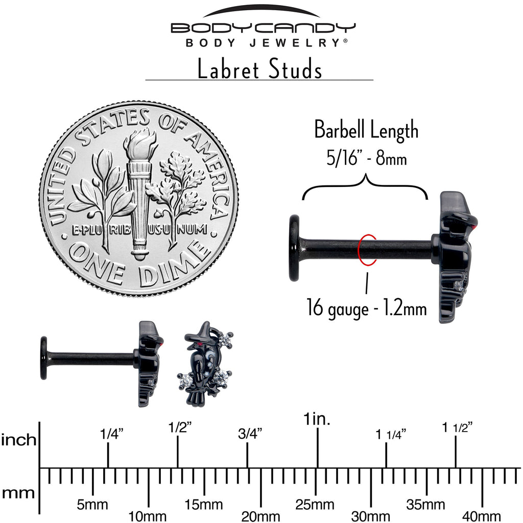 BodyCandy 16G 5/16 Clear CZ Gem Black Raven Witch Labret Monroe Tragus — back view