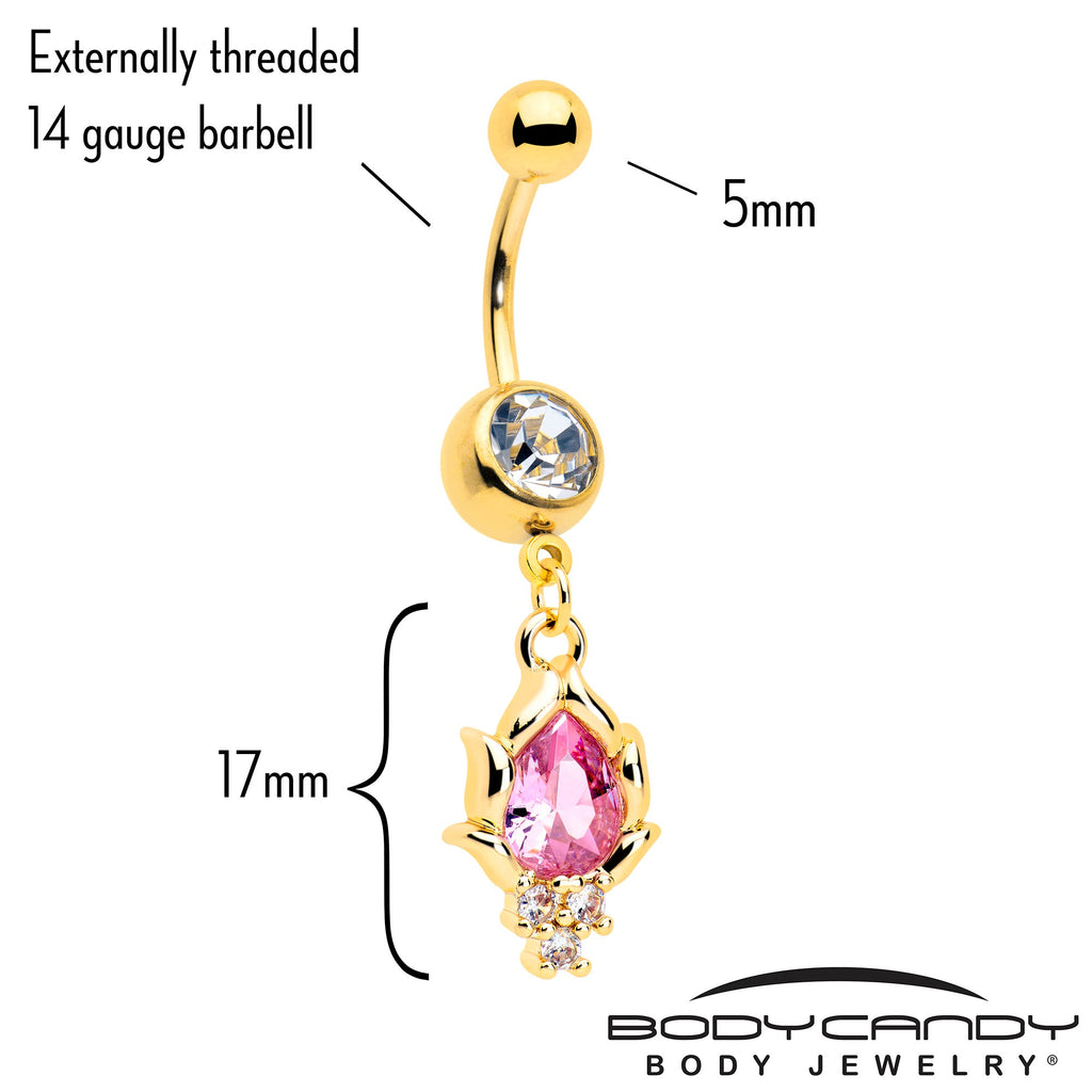 BodyCandy Pink CZ Gem Gold Tone Style Fire Dangle Belly Ring — detail close-up