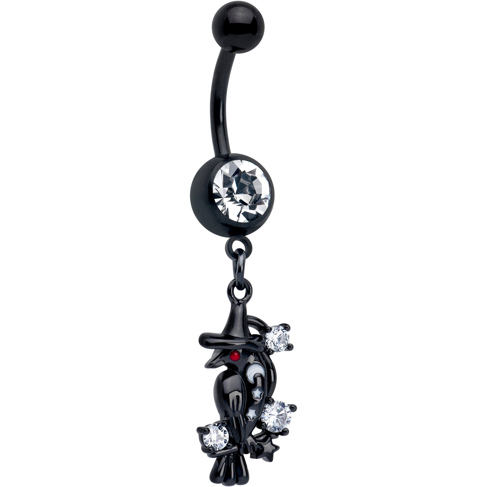 BodyCandy Clear CZ Gem Black Raven Witch Dangle Belly Ring — main product shot