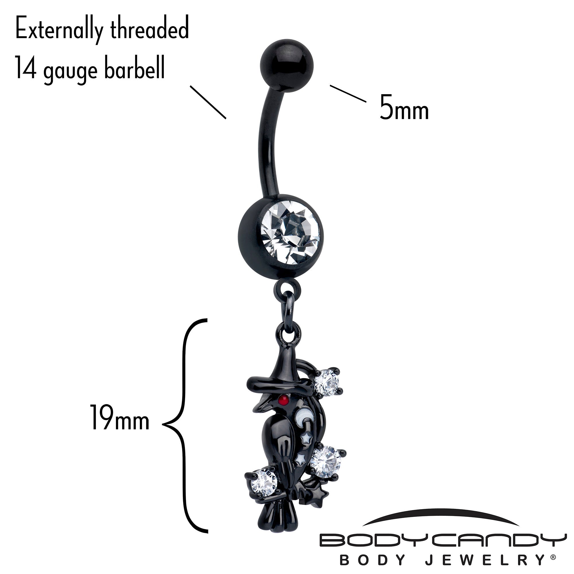 BodyCandy Clear CZ Gem Black Raven Witch Dangle Belly Ring — detail close-up