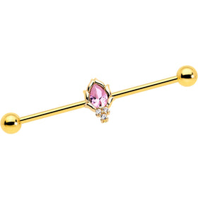 14G Pink CZ Gem Gold Tone Style Fire Industrial Barbell 38mm