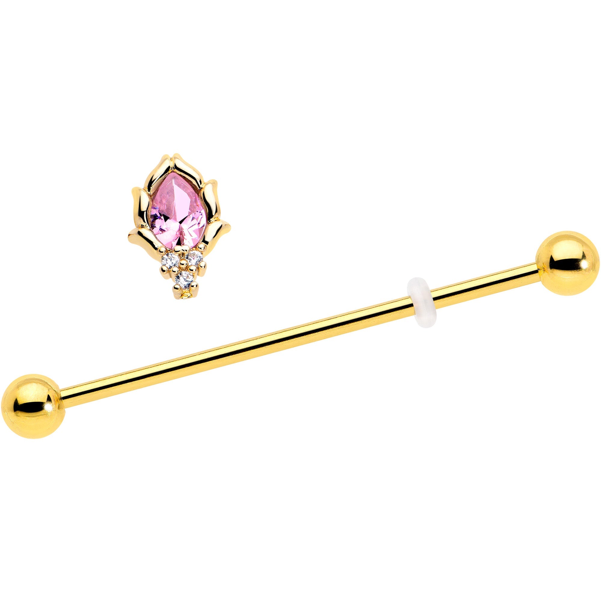BodyCandy 14G Pink CZ Gem Gold Tone Style Fire Industrial Barbell 38mm — detail close-up