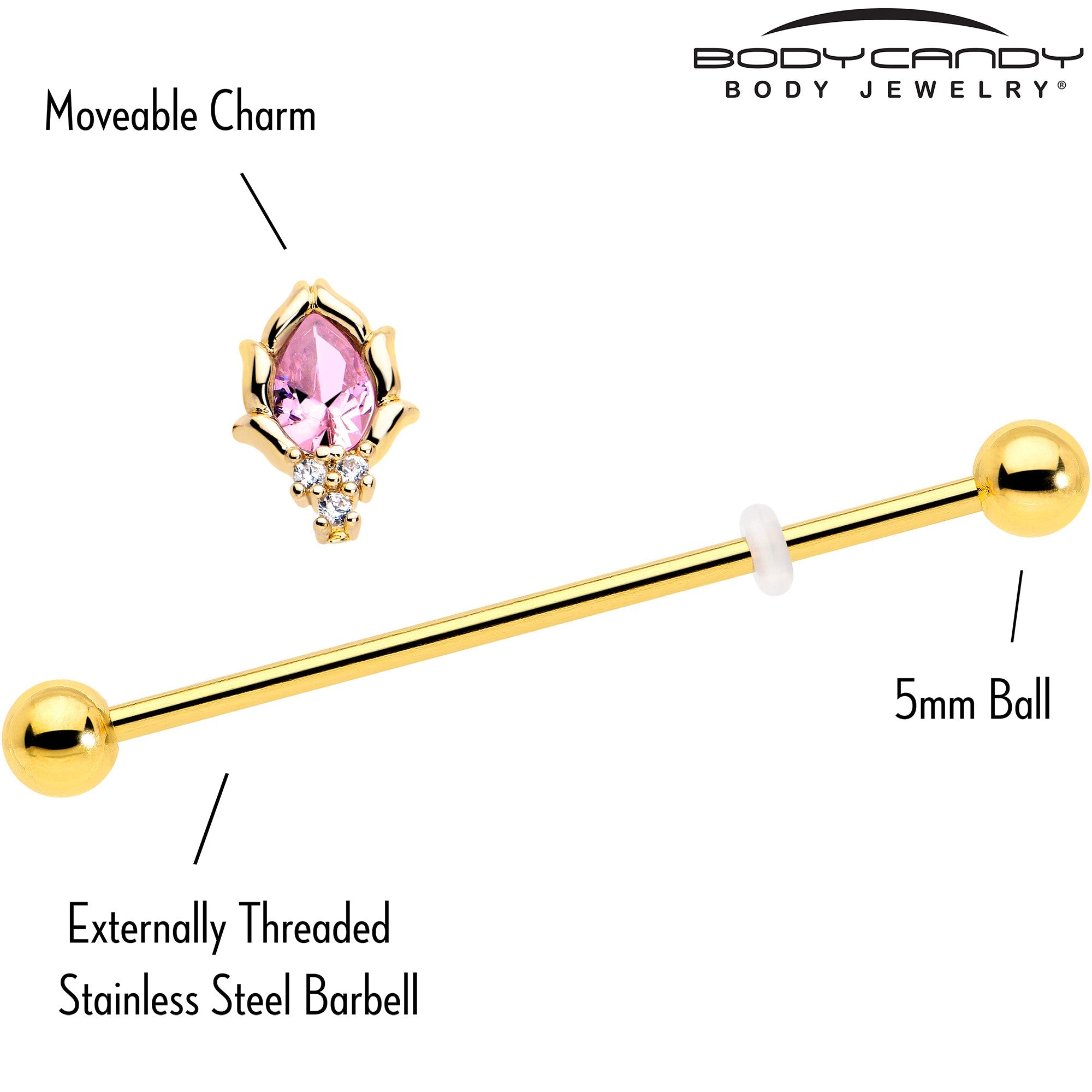 BodyCandy 14G Pink CZ Gem Gold Tone Style Fire Industrial Barbell 38mm — side view