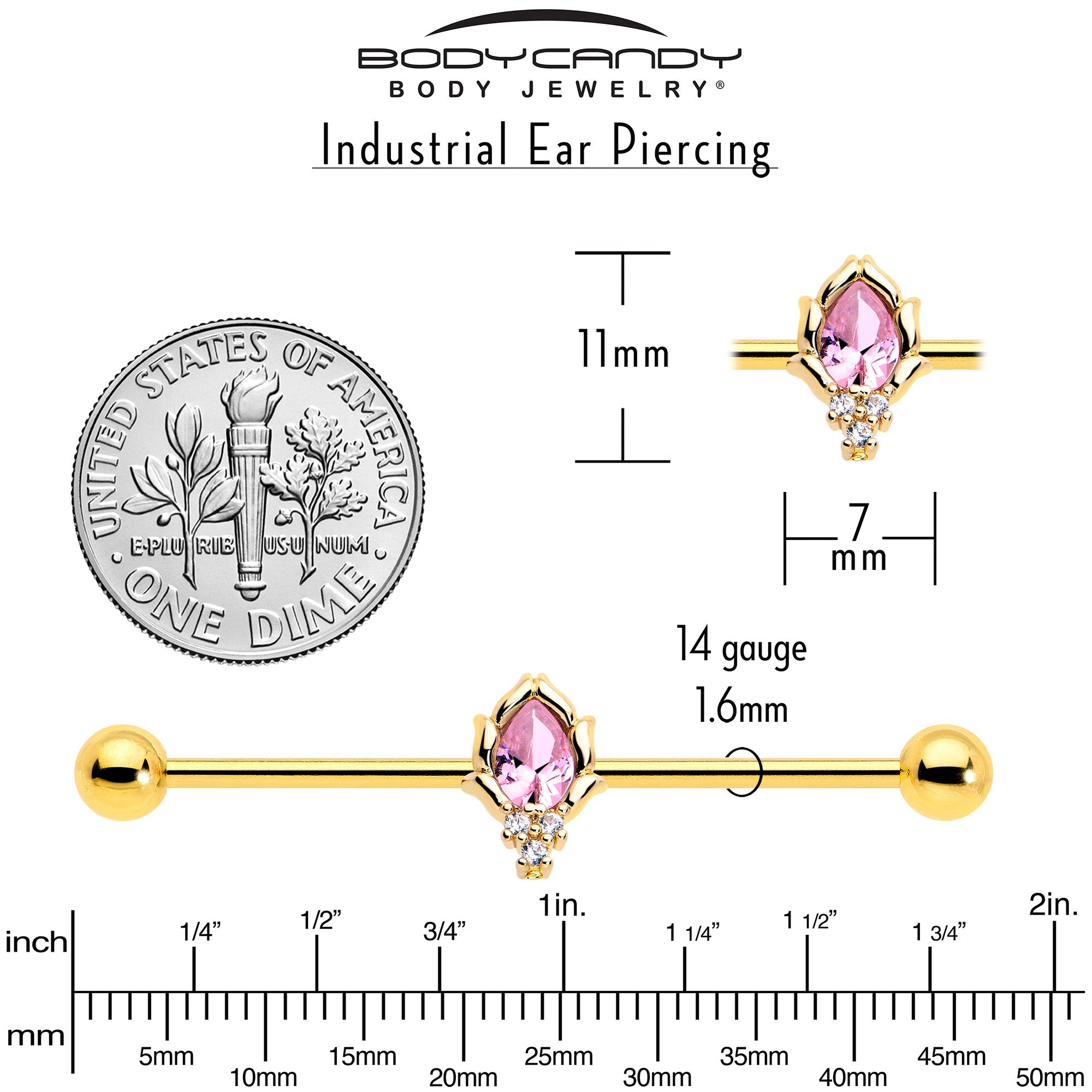 BodyCandy 14G Pink CZ Gem Gold Tone Style Fire Industrial Barbell 38mm — back view