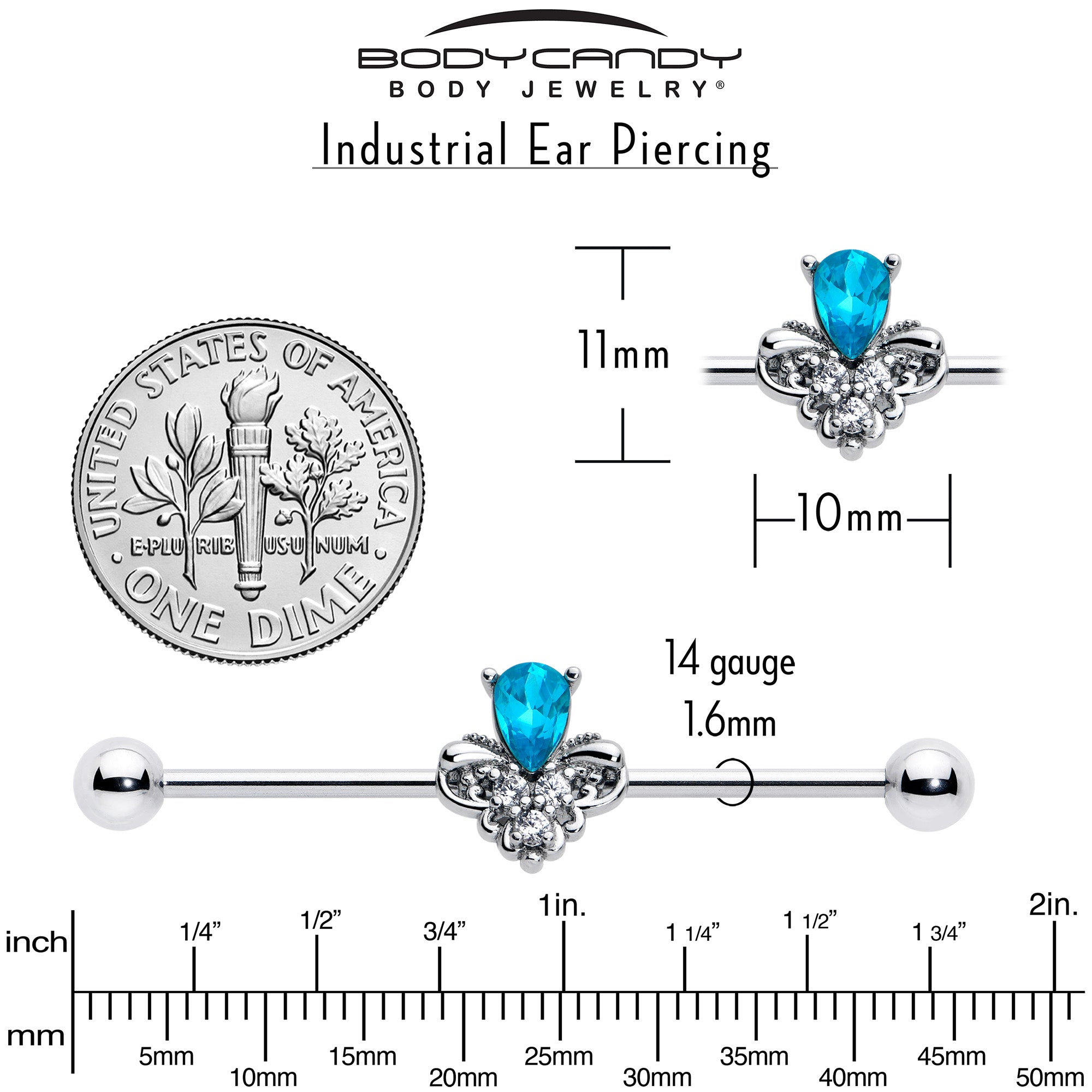 BodyCandy 14G Blue Gem Style Simplicity Industrial Barbell 38mm — back view