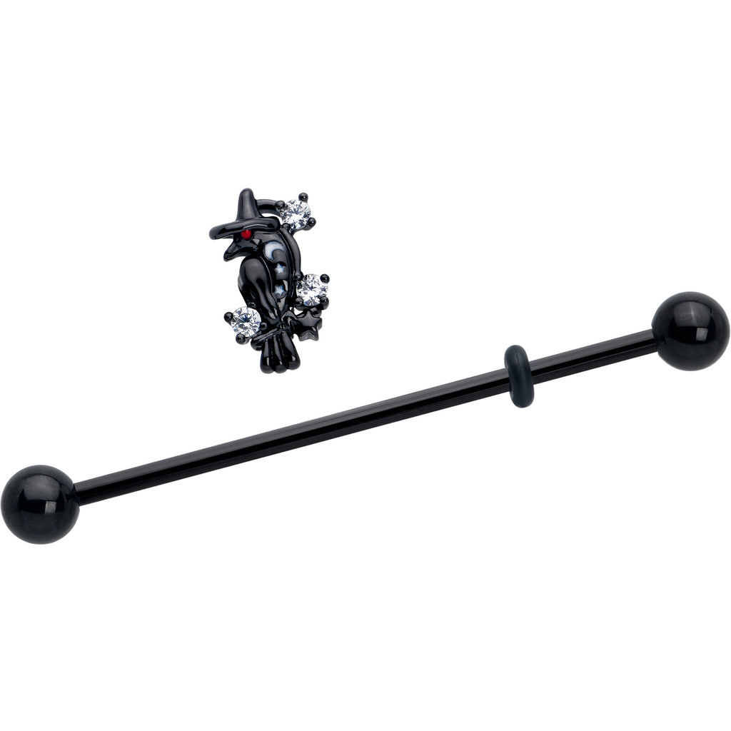 BodyCandy 14G Clear CZ Gem Black Raven Witch Industrial Barbell 38mm — detail close-up