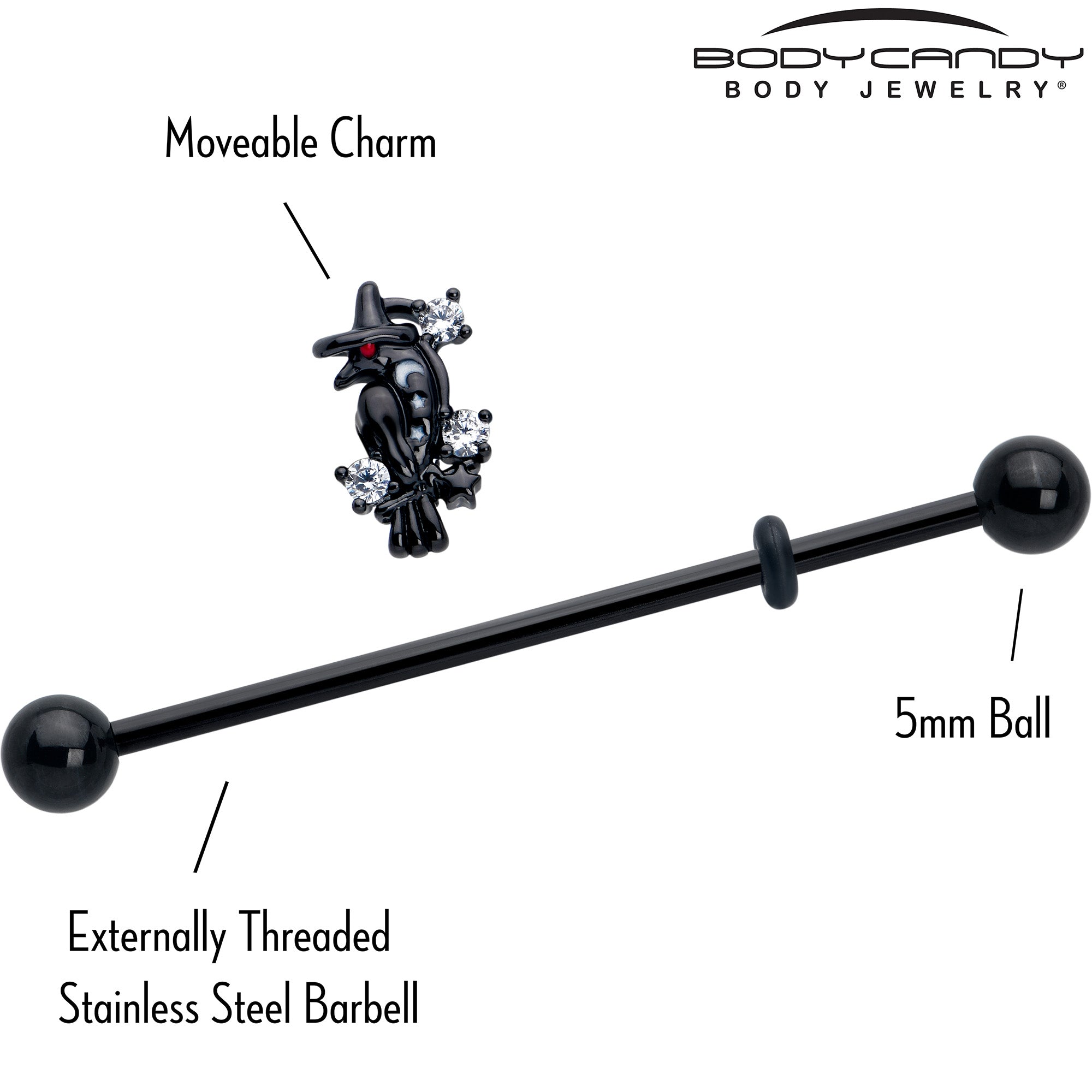 BodyCandy 14G Clear CZ Gem Black Raven Witch Industrial Barbell 38mm — side view
