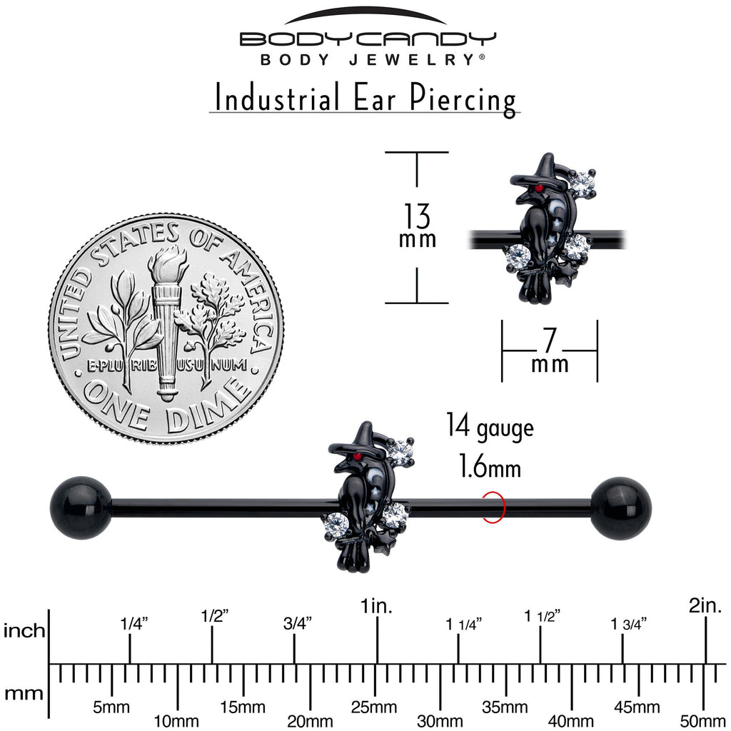 BodyCandy 14G Clear CZ Gem Black Raven Witch Industrial Barbell 38mm — back view
