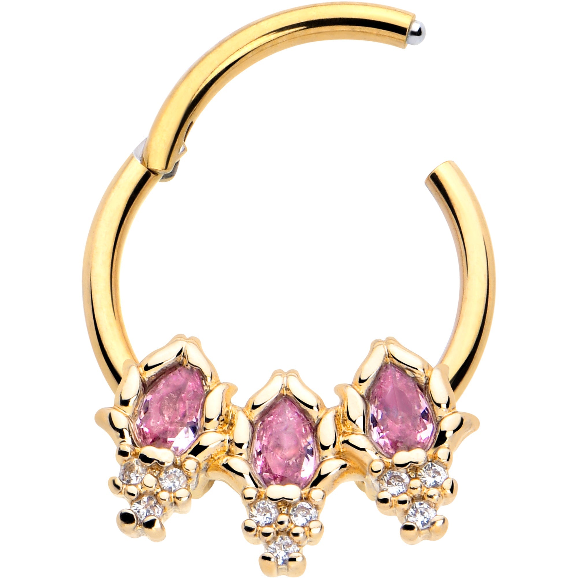 BodyCandy 16G 3/8 Pink CZ Gem Gold Tone Style Fire Hinged Segment Ring — detail close-up