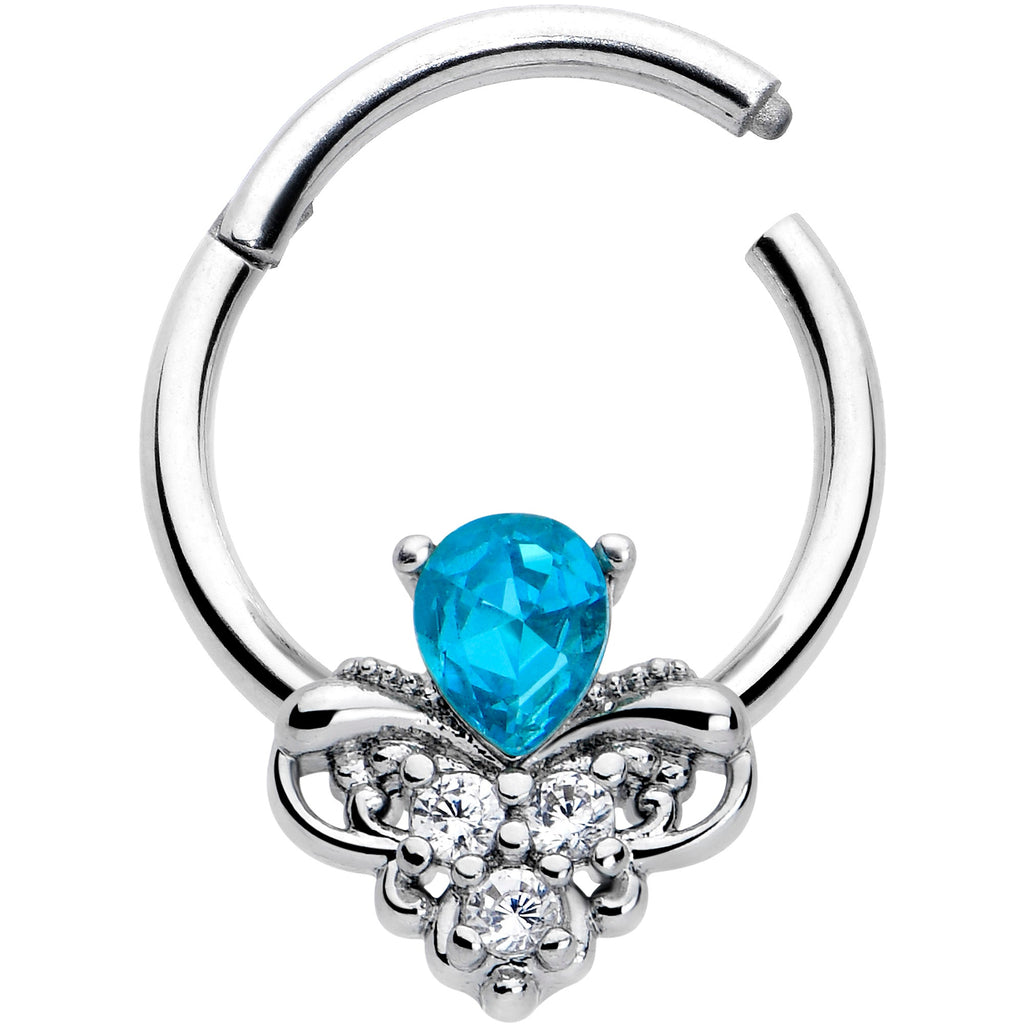 BodyCandy 16G 3/8 Blue Gem Style Simplicity Hinged Segment Ring — detail close-up