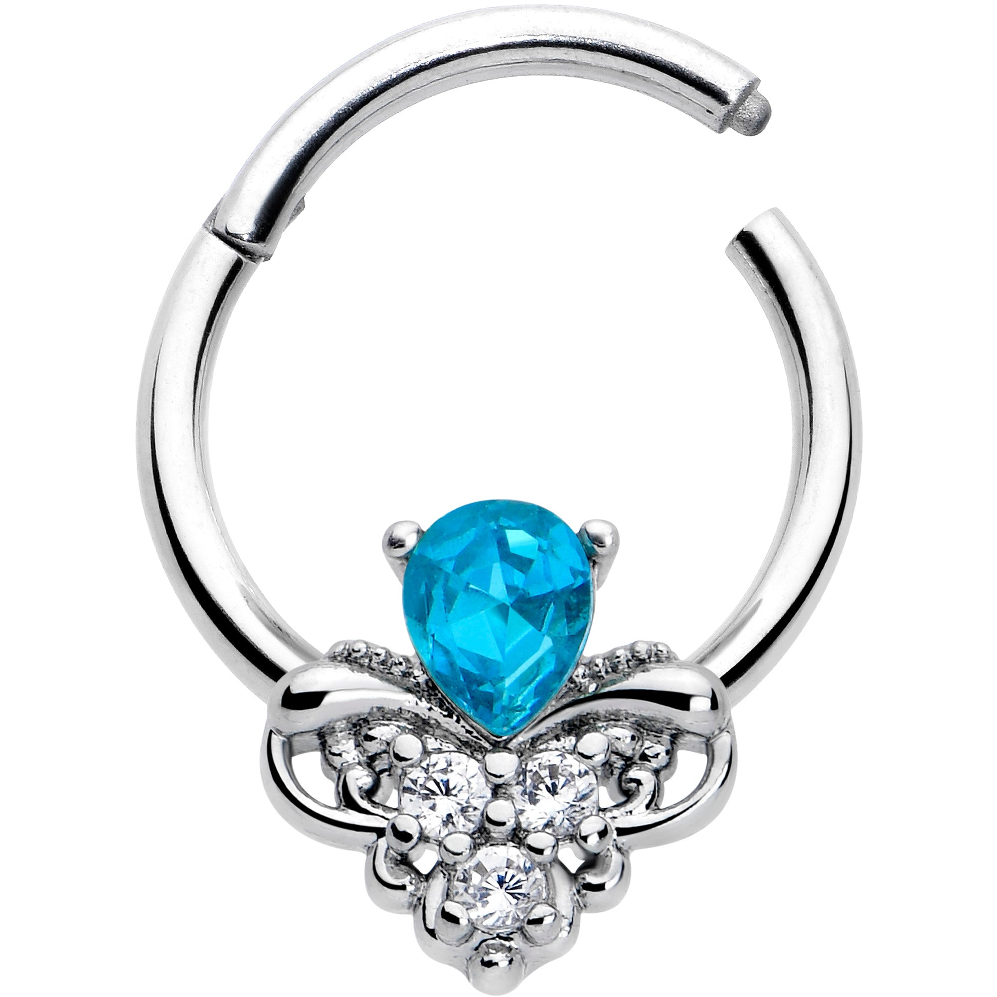 BodyCandy 16G 3/8 Blue Gem Style Simplicity Hinged Segment Ring — detail close-up