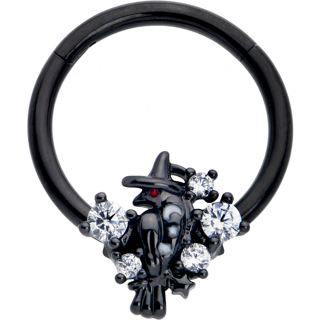 BodyCandy 16G 3/8 Clear CZ Gem Black Raven Witch Hinged Segment Ring — main product shot