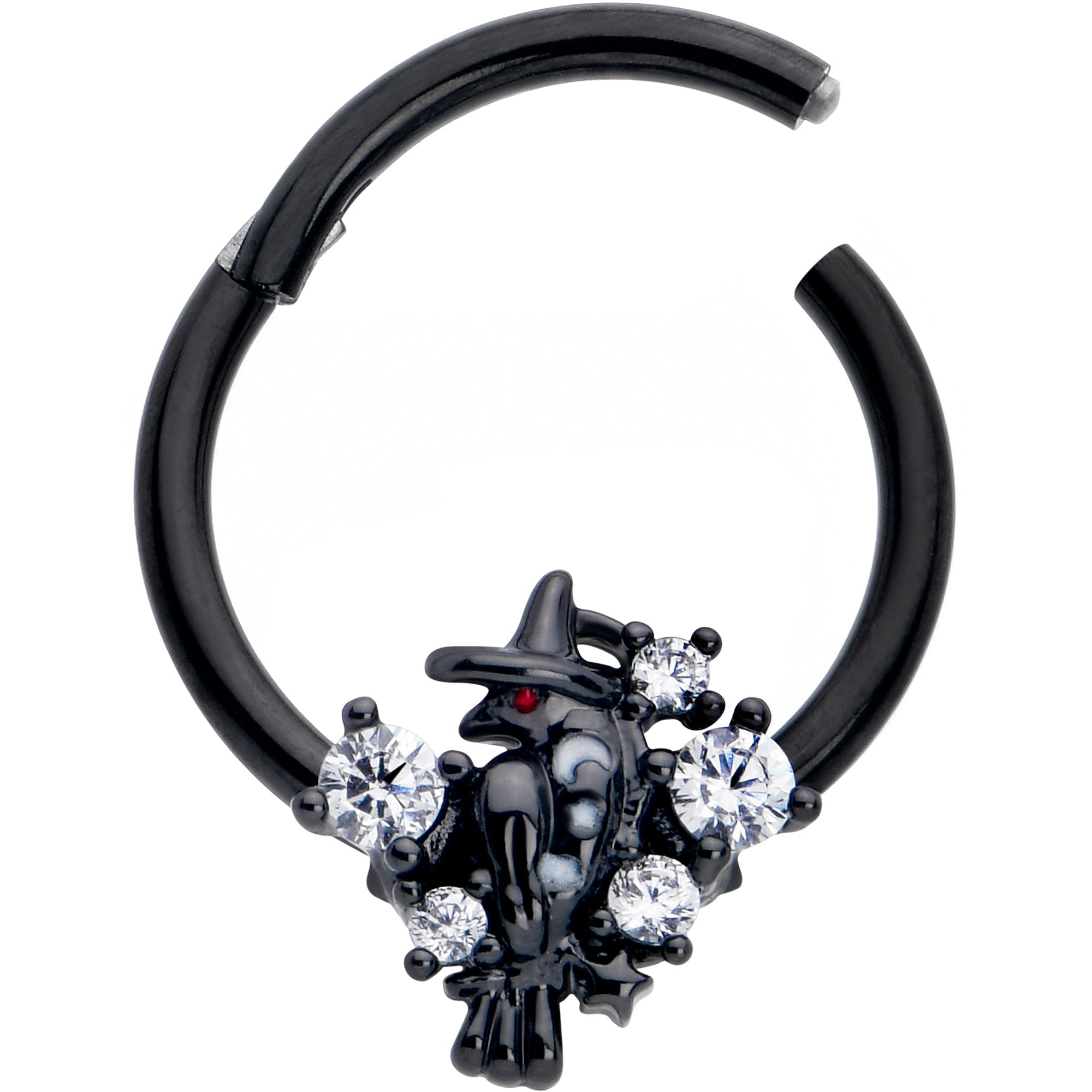BodyCandy 16G 3/8 Clear CZ Gem Black Raven Witch Hinged Segment Ring — detail close-up