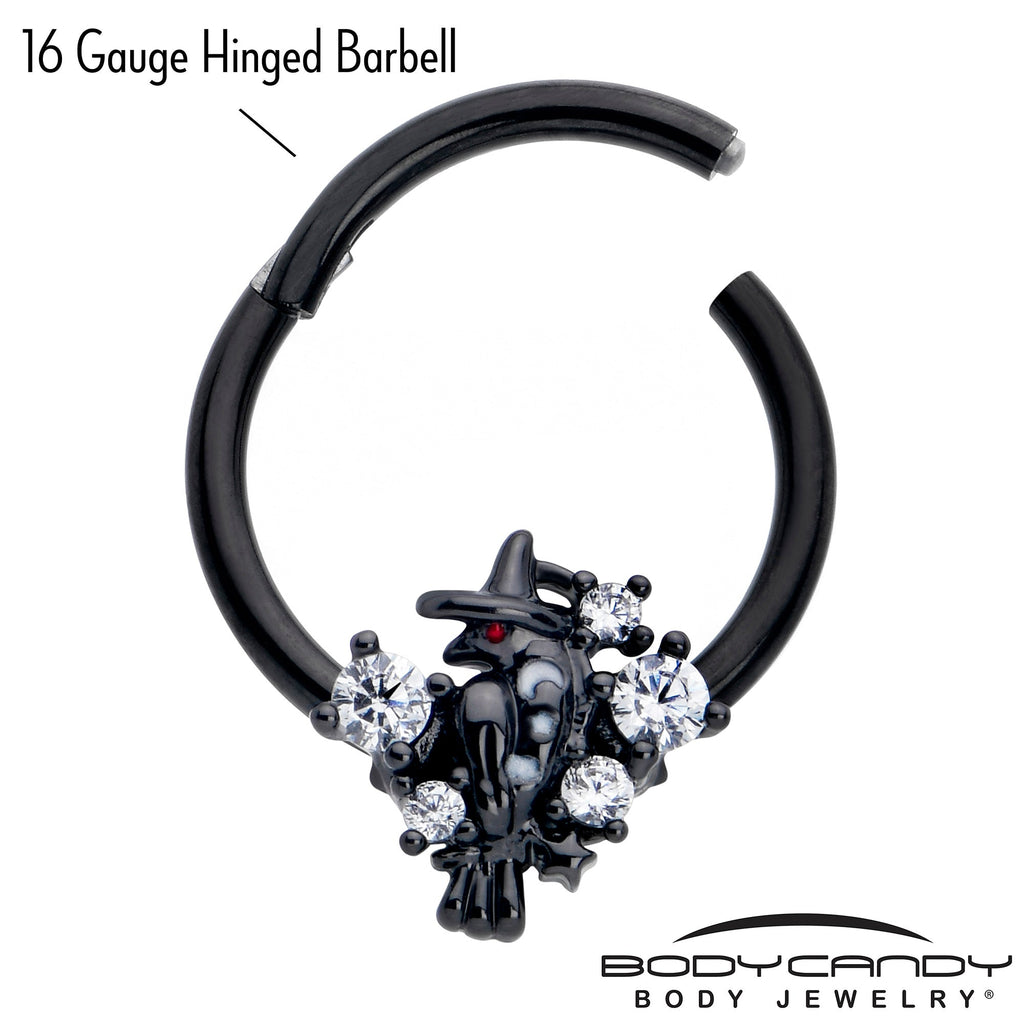BodyCandy 16G 3/8 Clear CZ Gem Black Raven Witch Hinged Segment Ring — lifestyle context