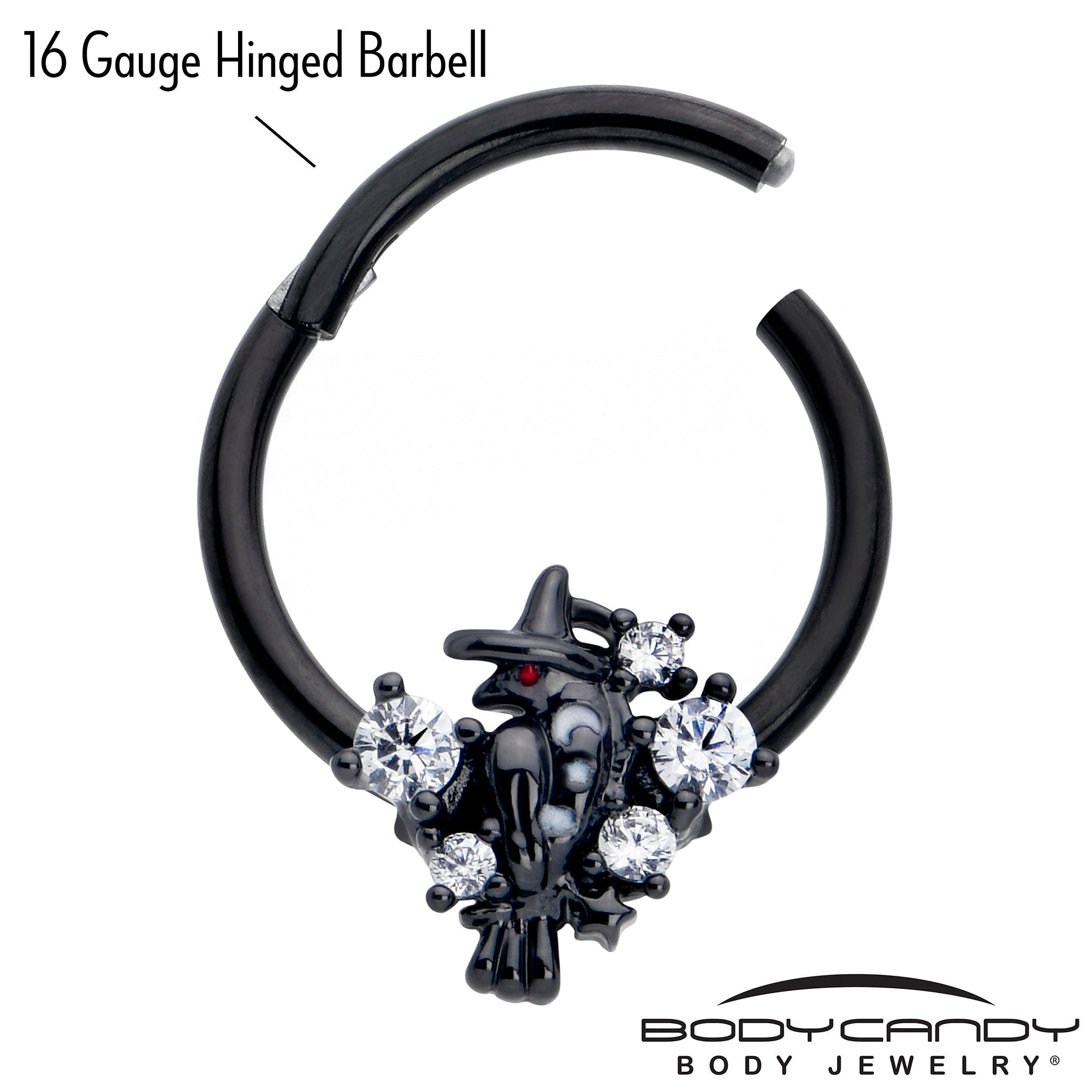 BodyCandy 16G 3/8 Clear CZ Gem Black Raven Witch Hinged Segment Ring — lifestyle context