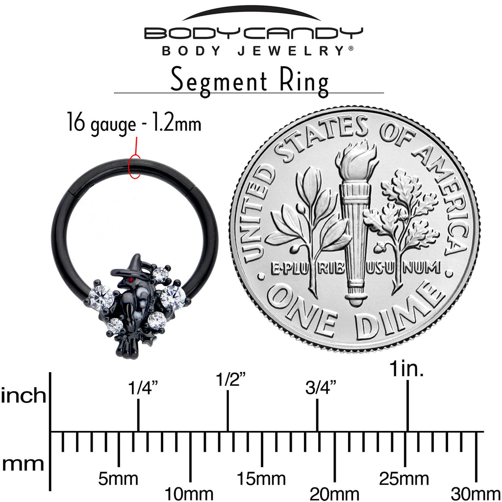 BodyCandy 16G 3/8 Clear CZ Gem Black Raven Witch Hinged Segment Ring — side view