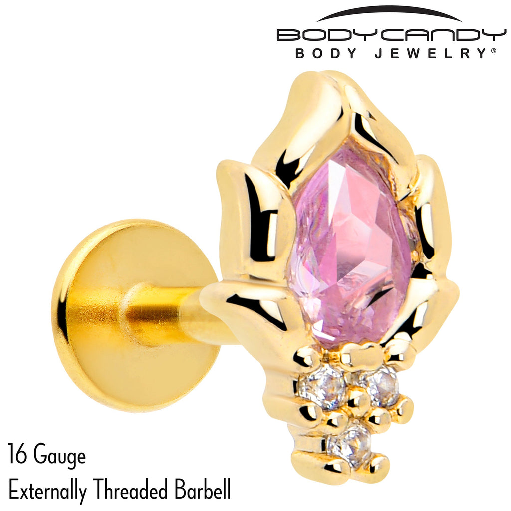 BodyCandy 16G 1/4 Pink CZ Gem Gold Tone Style Fire Labret Monroe Tragus — detail close-up