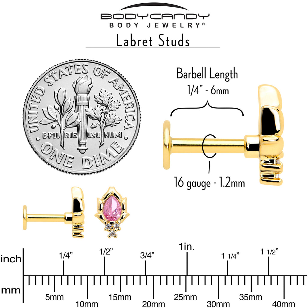 BodyCandy 16G 1/4 Pink CZ Gem Gold Tone Style Fire Labret Monroe Tragus — back view