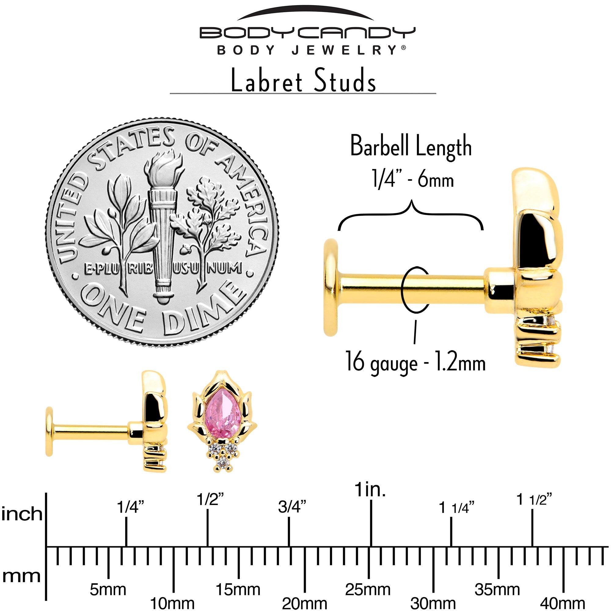 BodyCandy 16G 1/4 Pink CZ Gem Gold Tone Style Fire Labret Monroe Tragus — back view