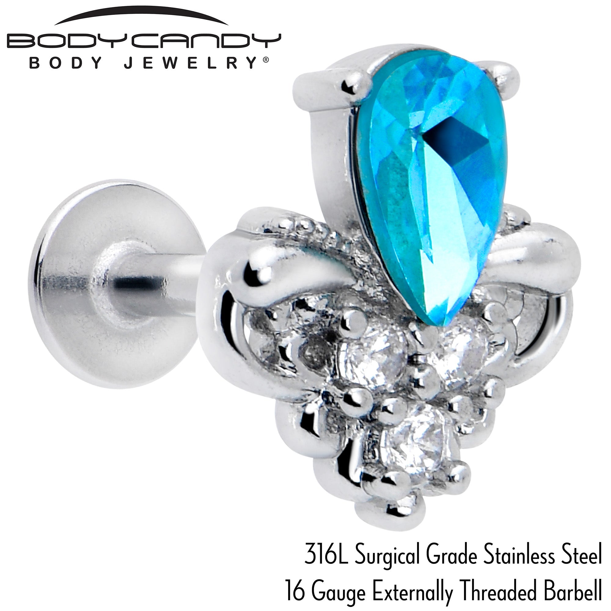 BodyCandy 16G 1/4 Blue Gem Style Simplicity Labret Monroe Tragus — detail close-up