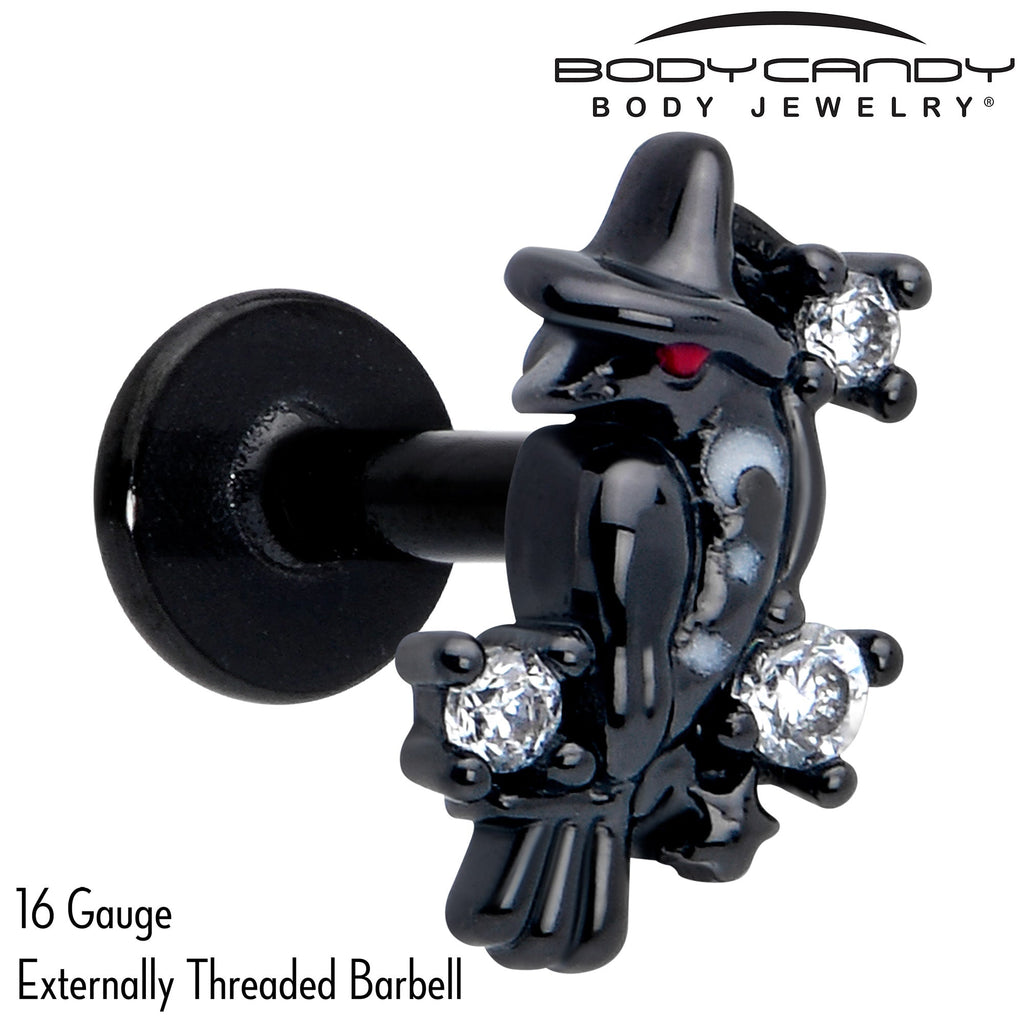 BodyCandy 16G 1/4 Clear CZ Gem Black Raven Witch Labret Monroe Tragus — detail close-up