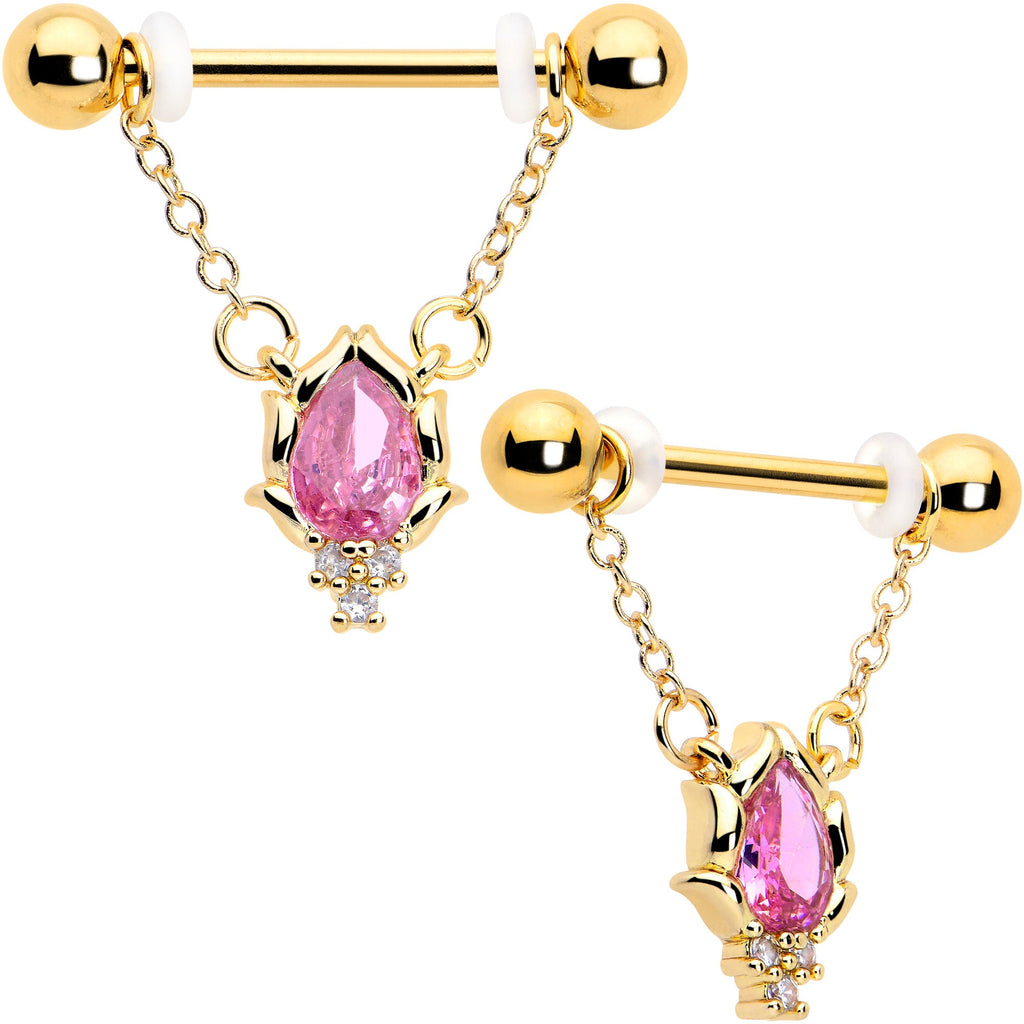 BodyCandy 14G 9/16 Pink CZ Gem Gold Tone Style Fire Dangle Nipple Ring Set — main product shot
